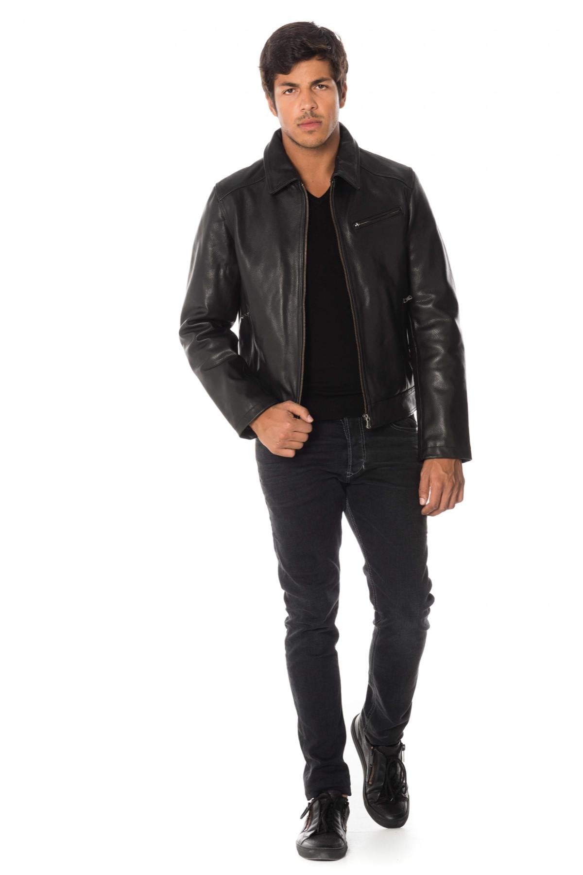 Cowhide leather shirt collar jacket - Image n°2