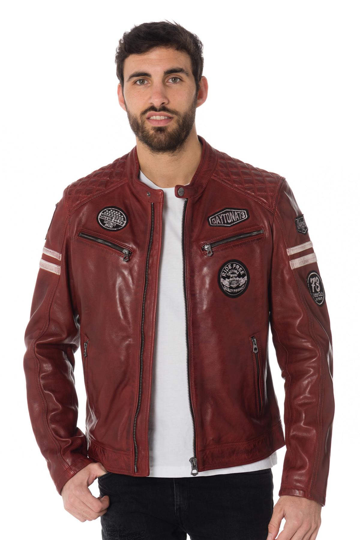 Leather biker jacket with patches and bands - Image n°7