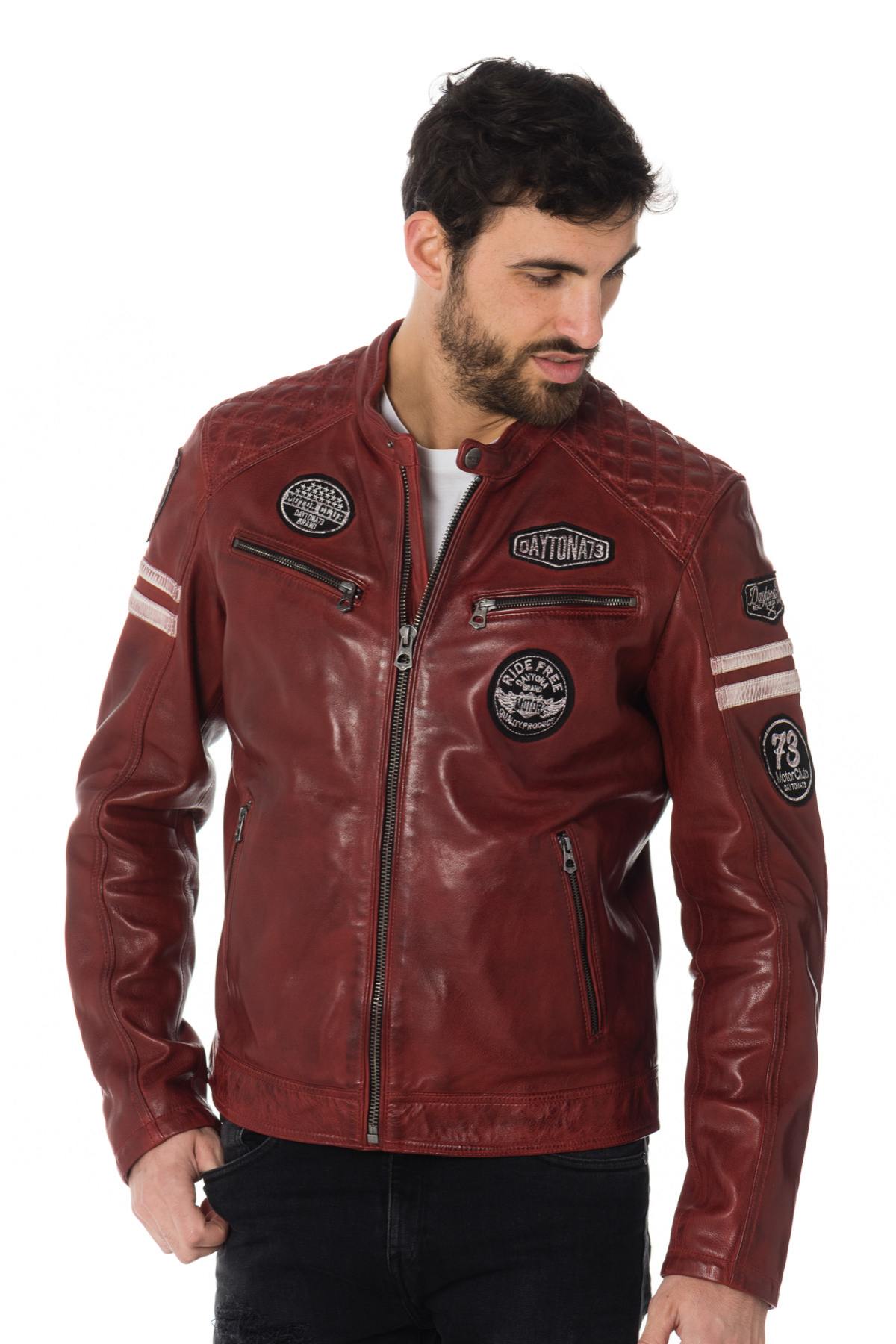 Leather biker jacket with patches and bands - Image n°1