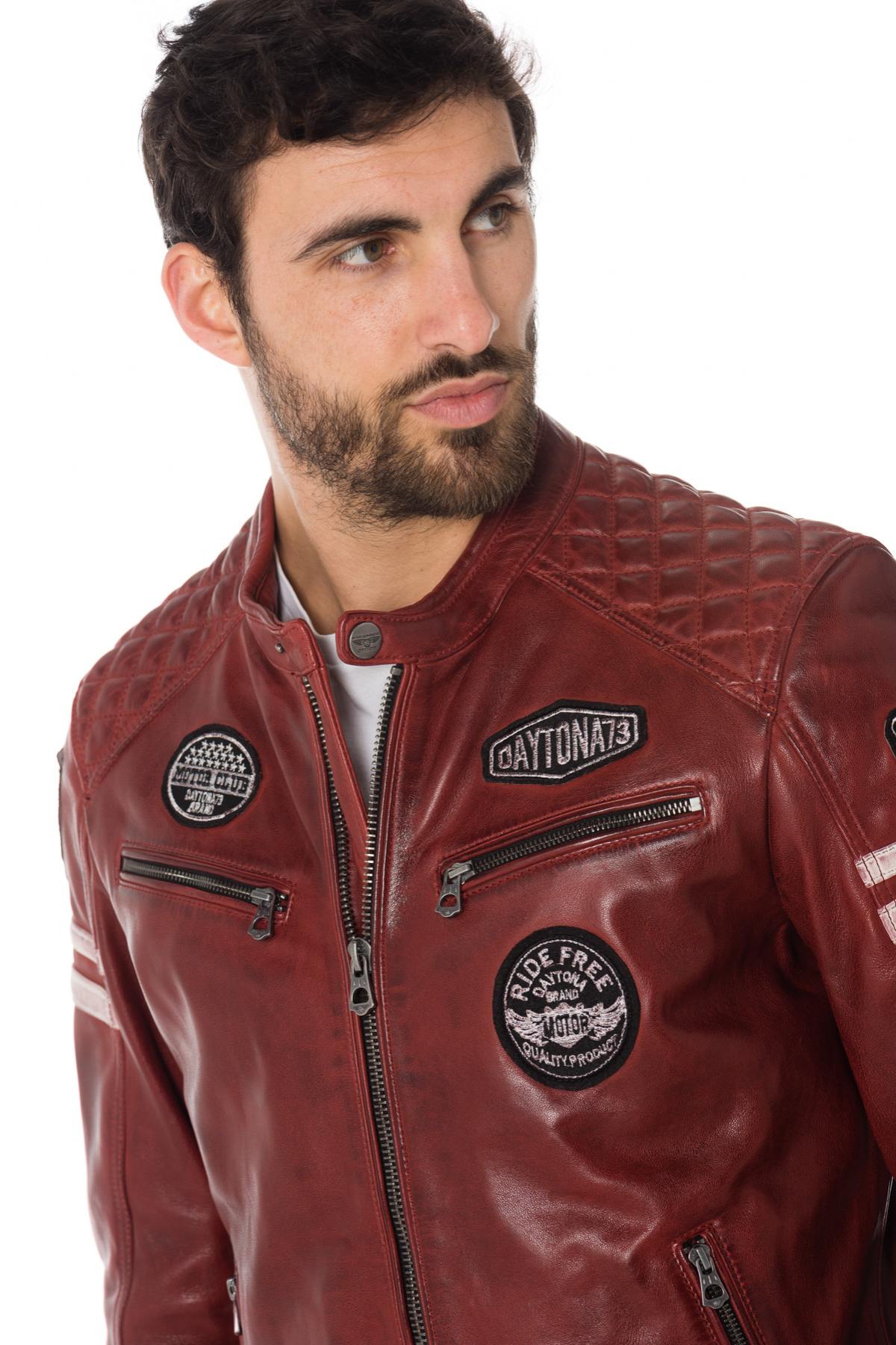 Leather biker jacket with patches and bands - Image n°3