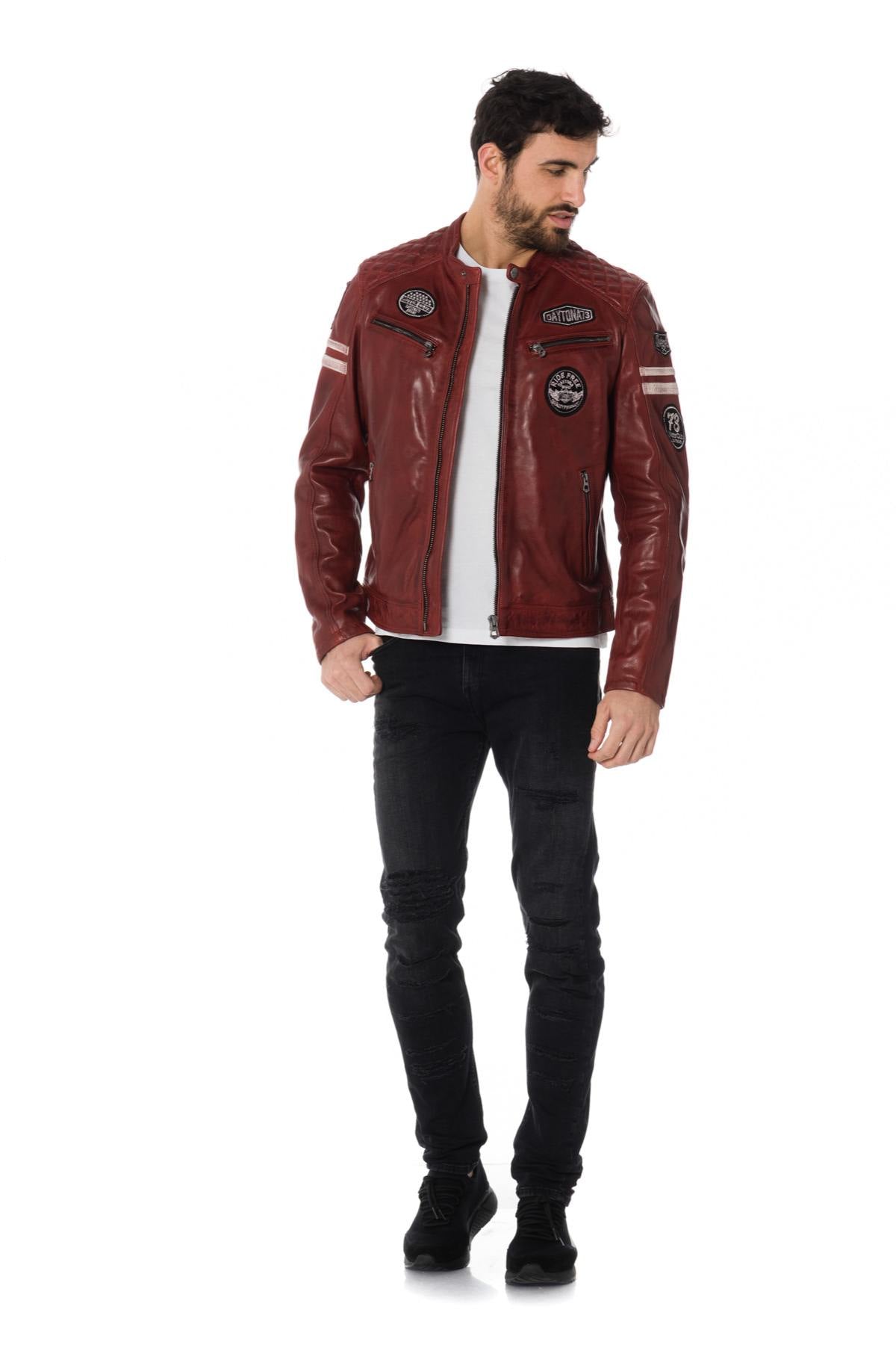 Leather biker jacket with patches and bands - Image n°2