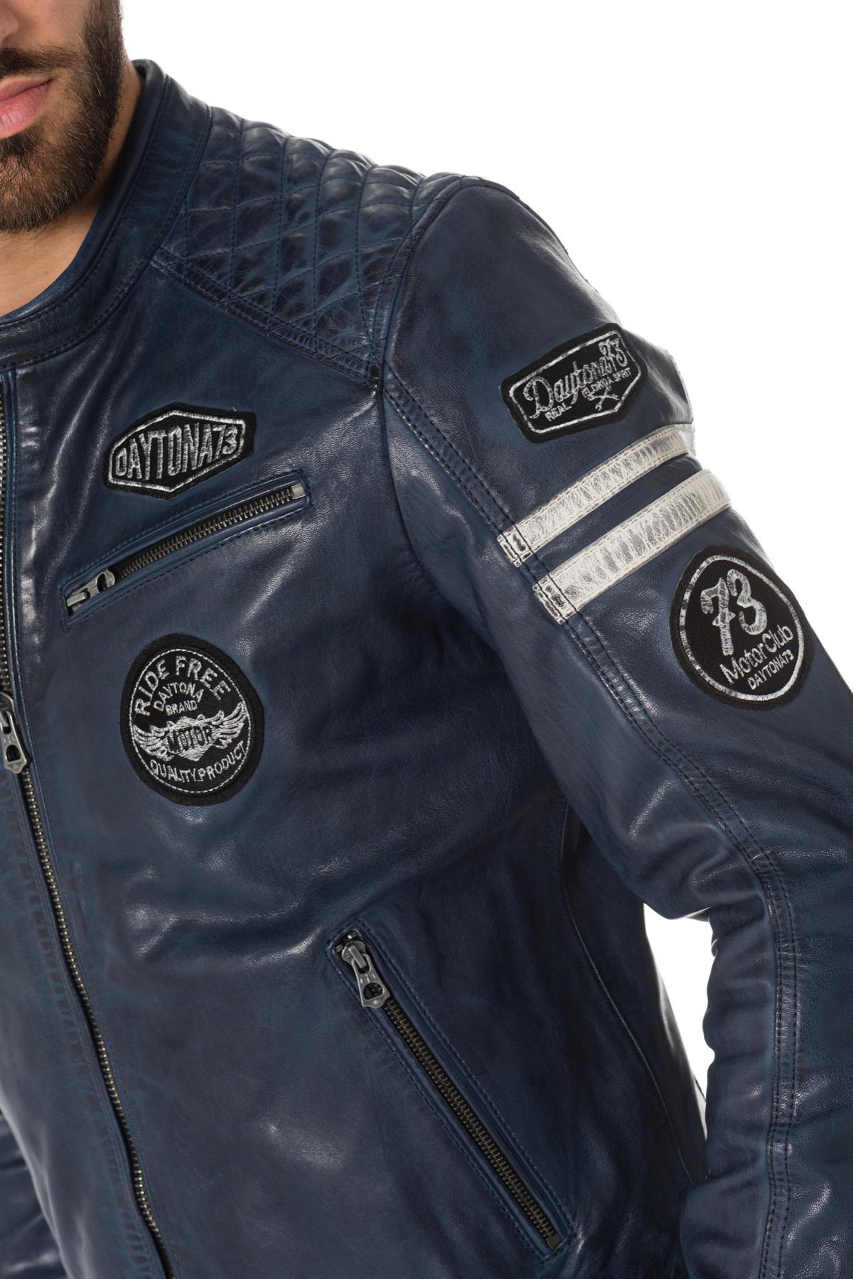 Blue leather biker jacket with patches - Image n°3