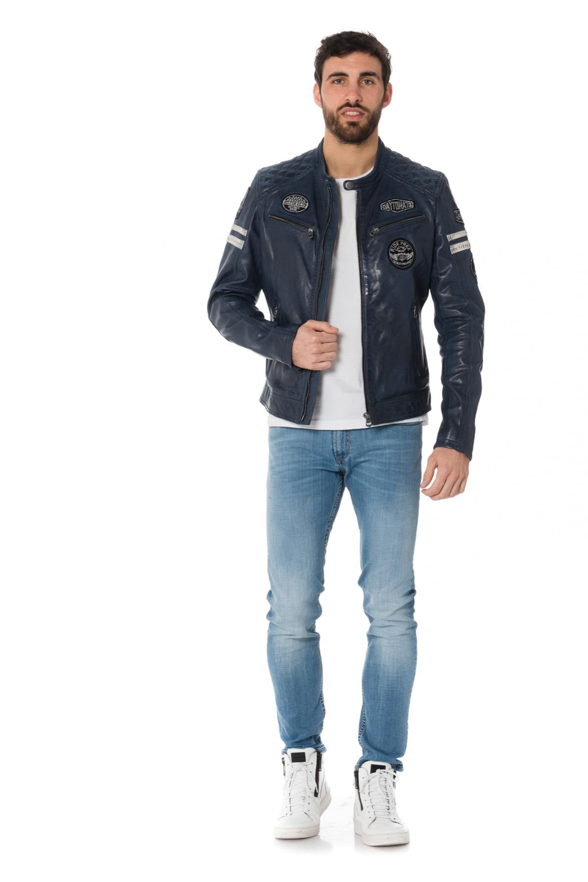 Blue leather biker jacket with patches - Image n°2