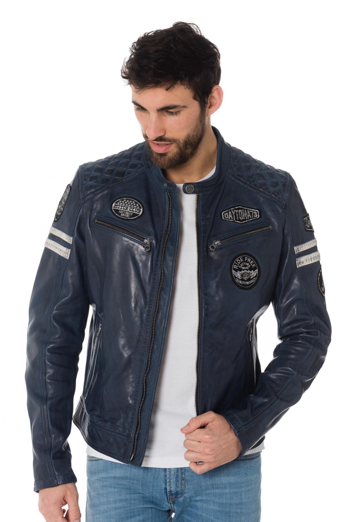 Blue leather biker jacket with patches - Image n°6