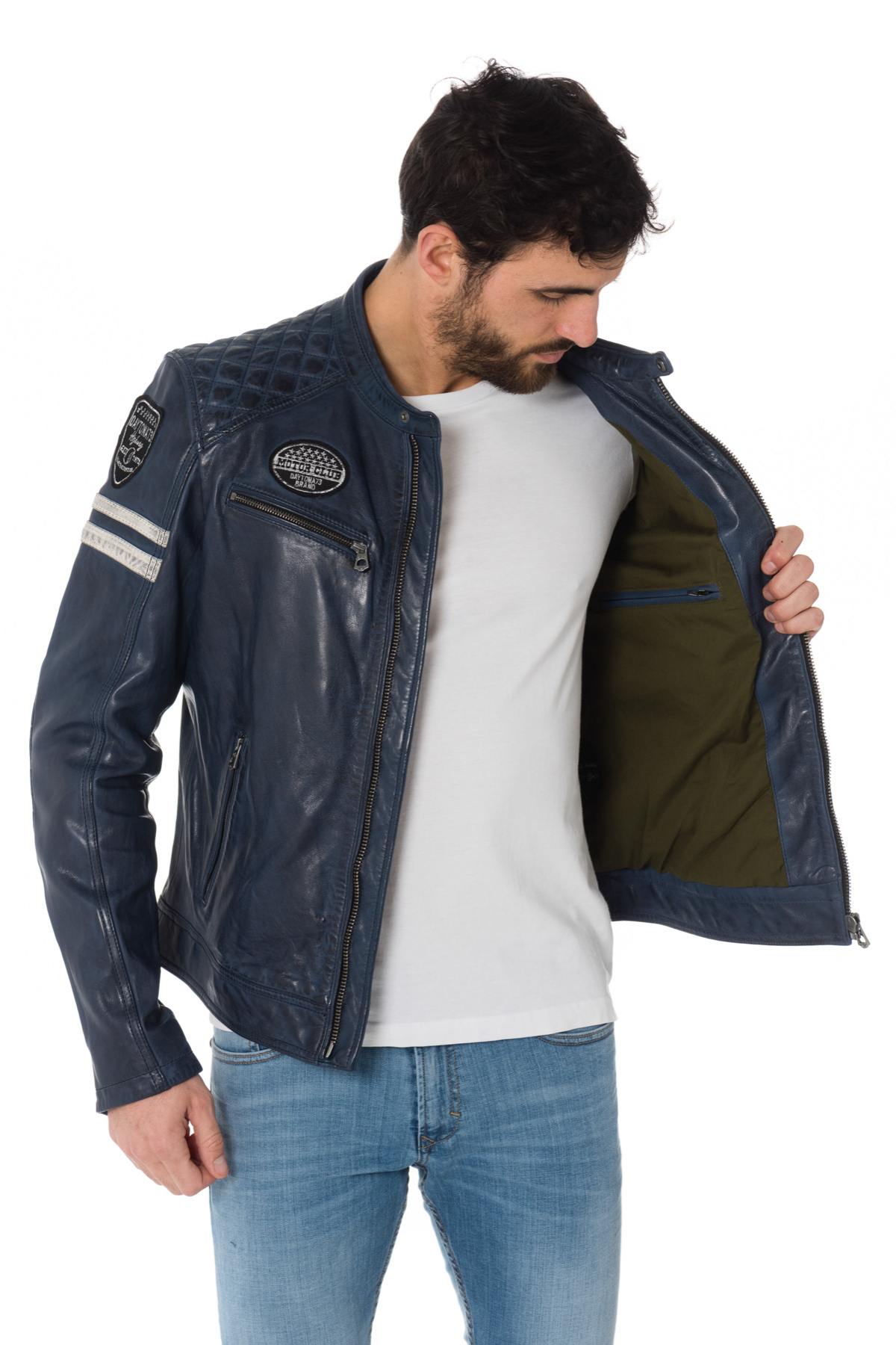 Blue leather biker jacket with patches - Image n°8