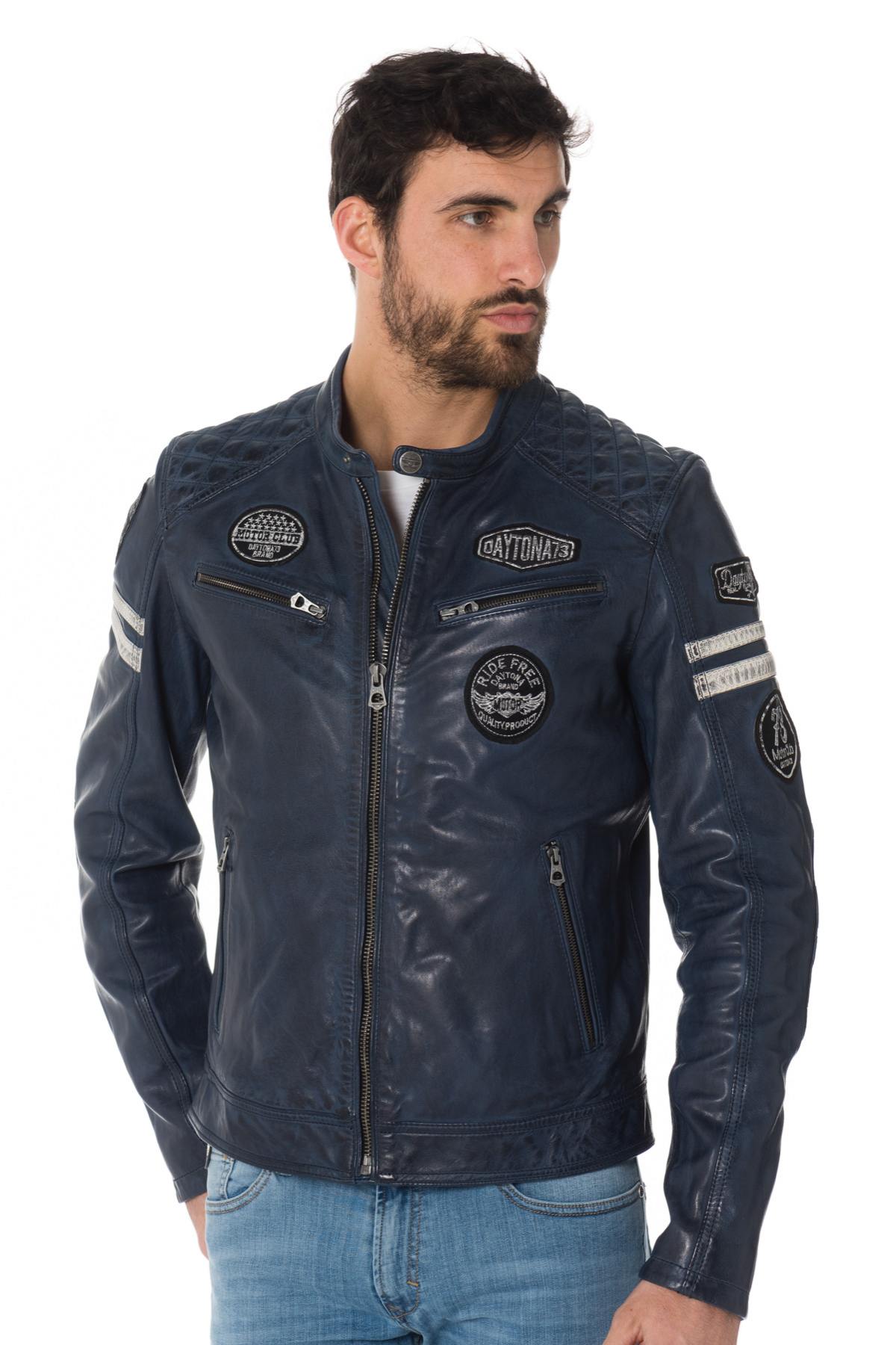 Blue leather biker jacket with patches - Image n°1