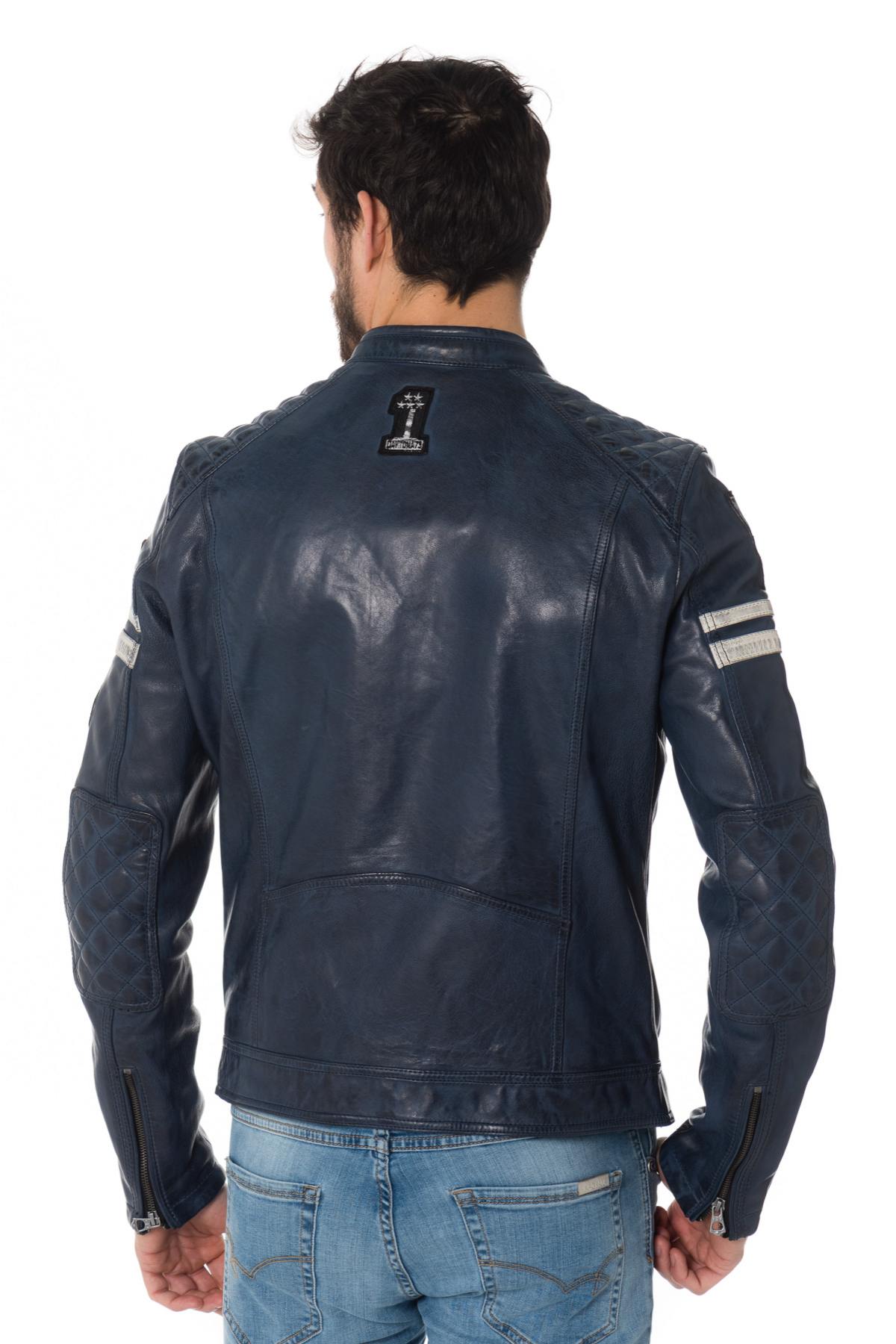 Blue leather biker jacket with patches - Image n°7