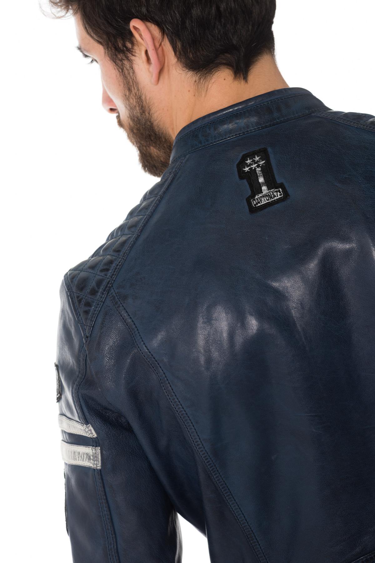 Blue leather biker jacket with patches - Image n°4