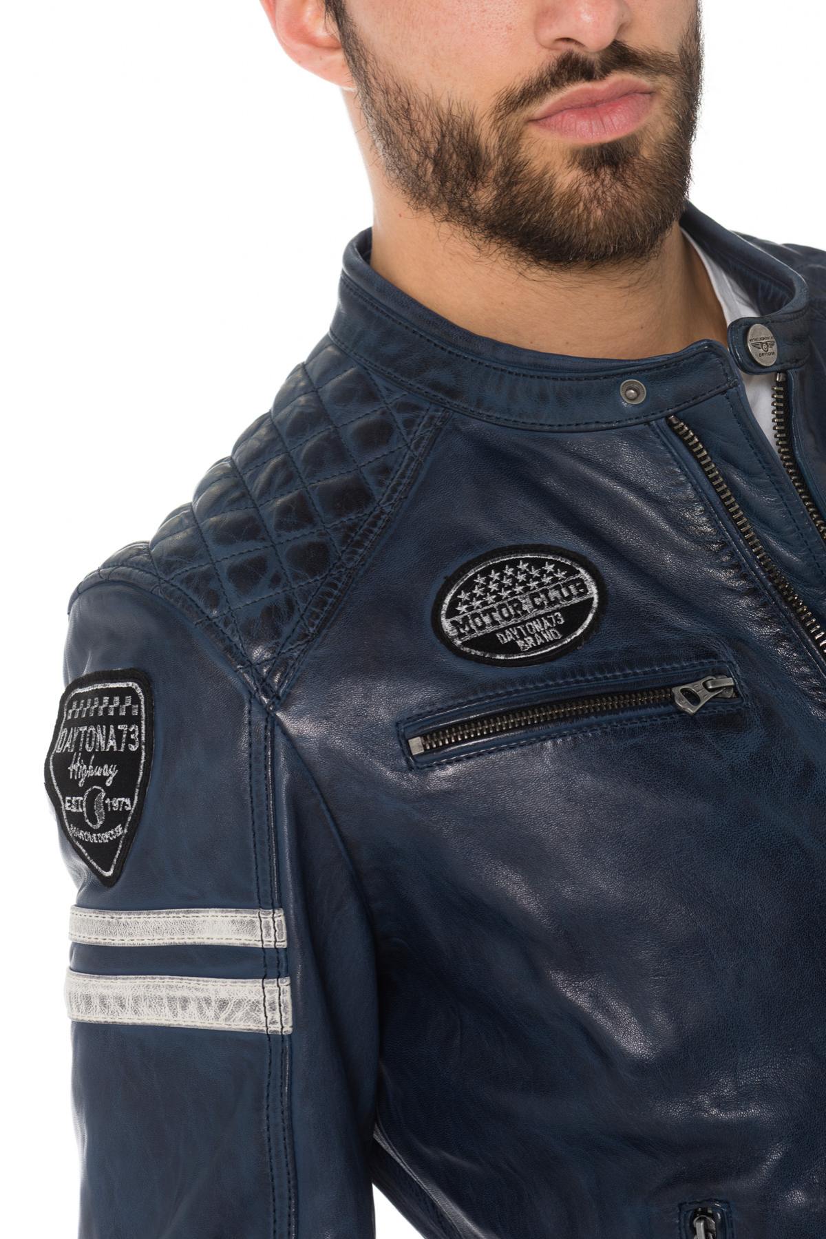 Blue leather biker jacket with patches - Image n°5