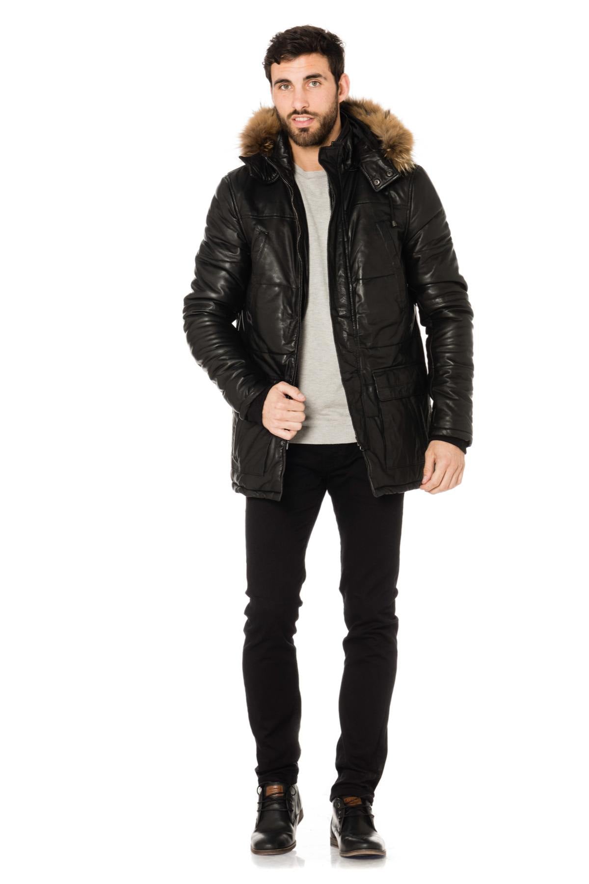 Men's lambskin down jacket with fur - Image n°2