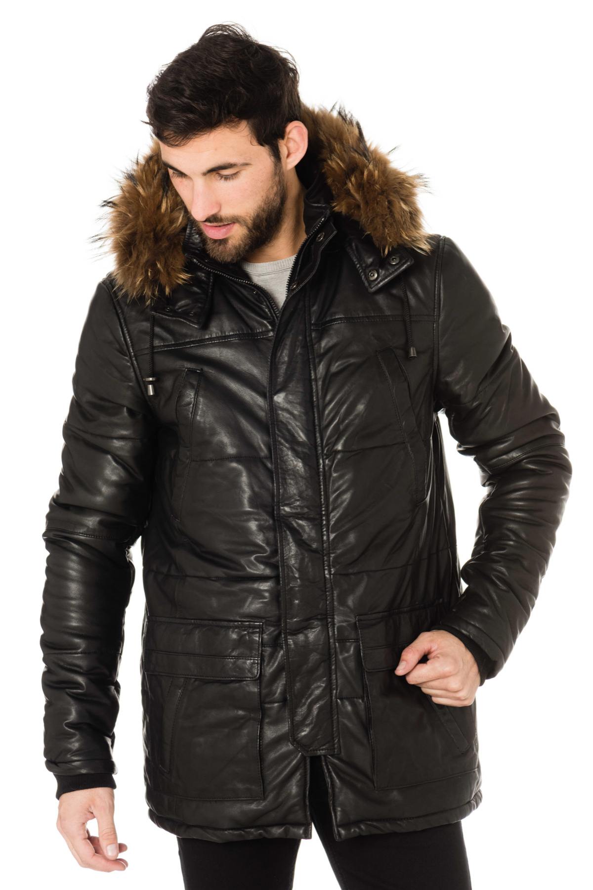 Men's lambskin down jacket with fur - Image n°1