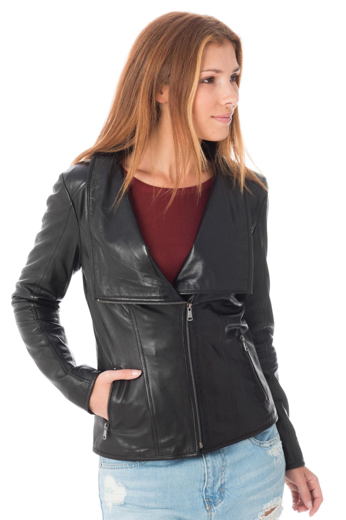  Women's leather jacket with large collar - Image n°3