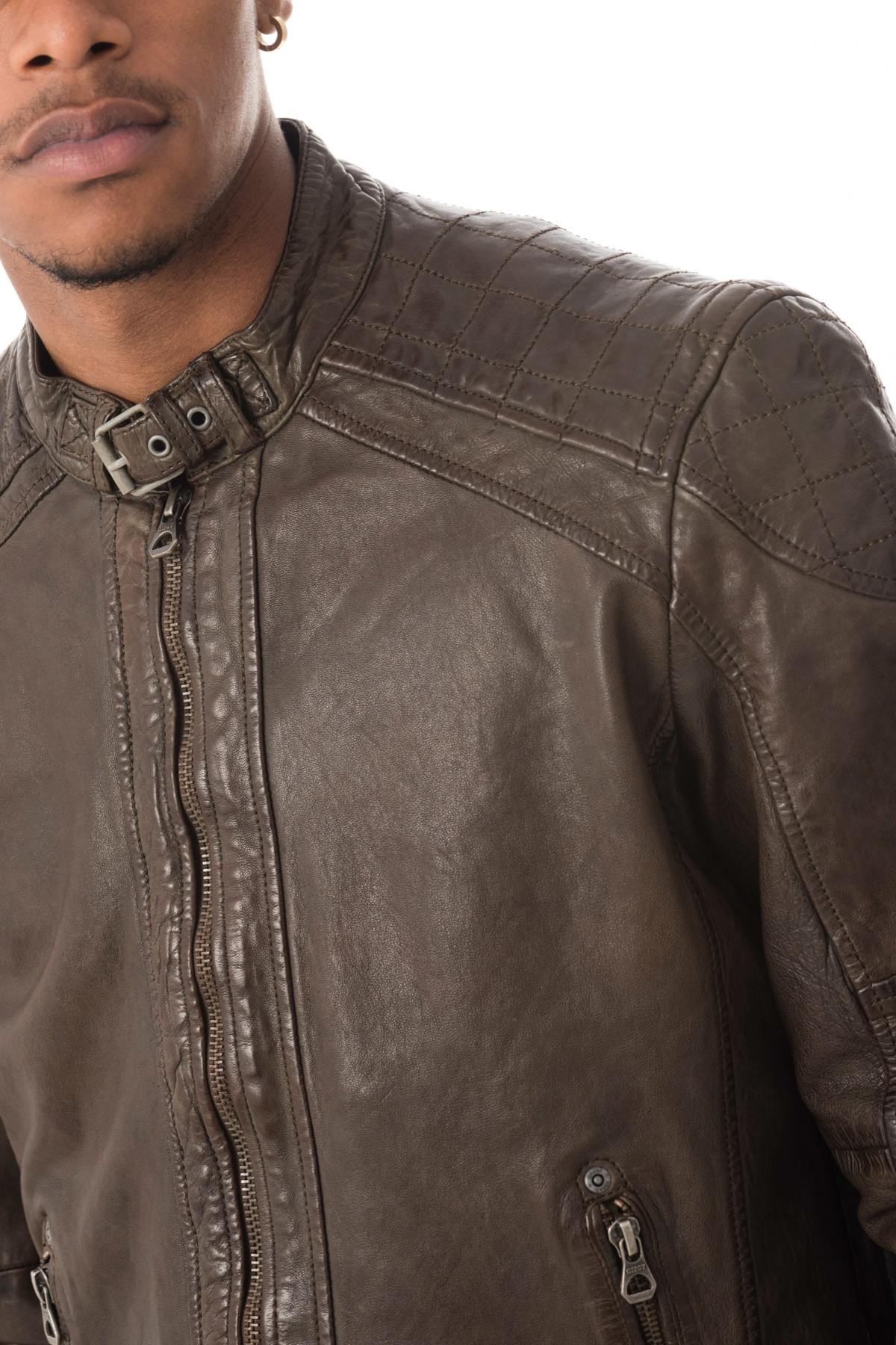 Men's dark taupe biker collar jacket - Image n°6