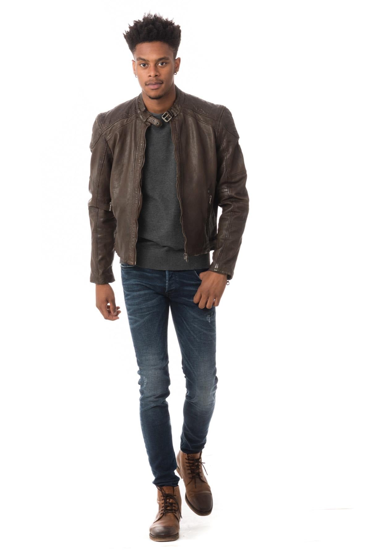 Men's dark taupe biker collar jacket - Image n°2