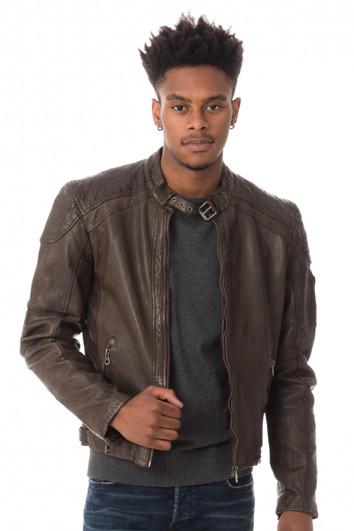 Men's dark taupe biker collar jacket - Image n°1