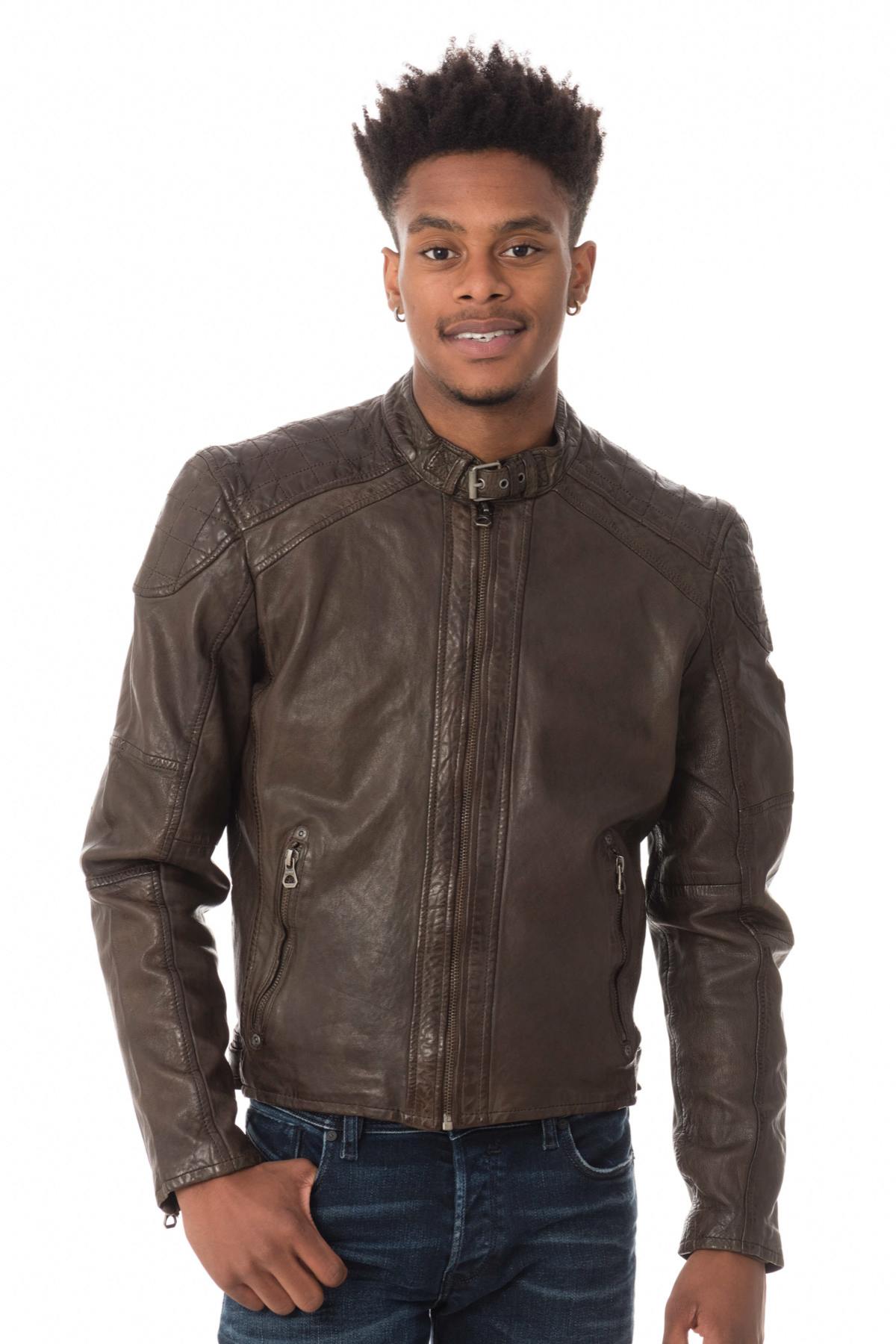 Men's dark taupe biker collar jacket - Image n°3