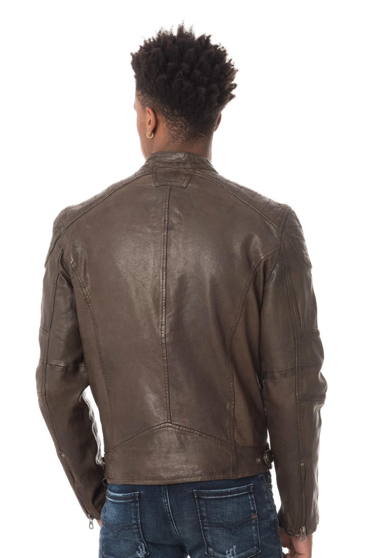 Men's dark taupe biker collar jacket - Image n°5