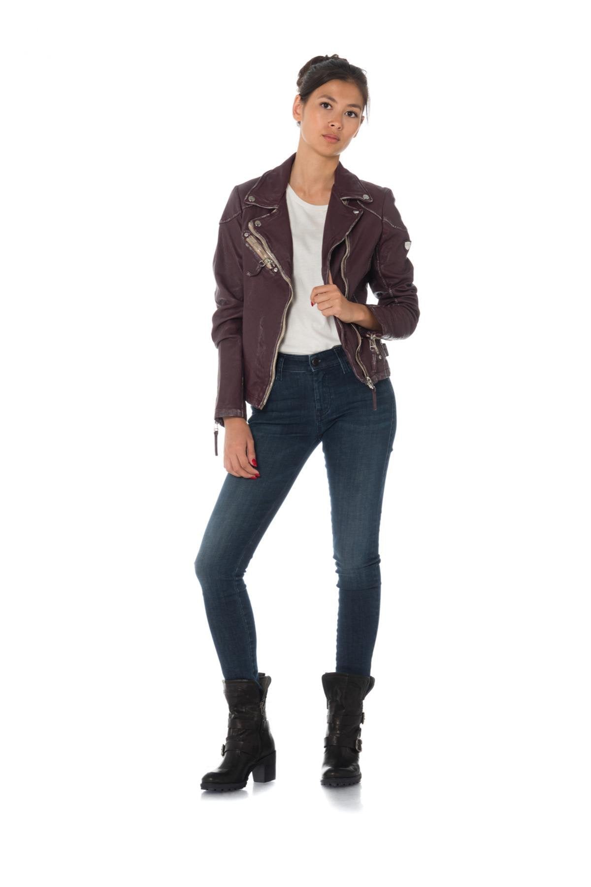 Women's perfecto jacket in aged-effect purple lambskin - Image n°2