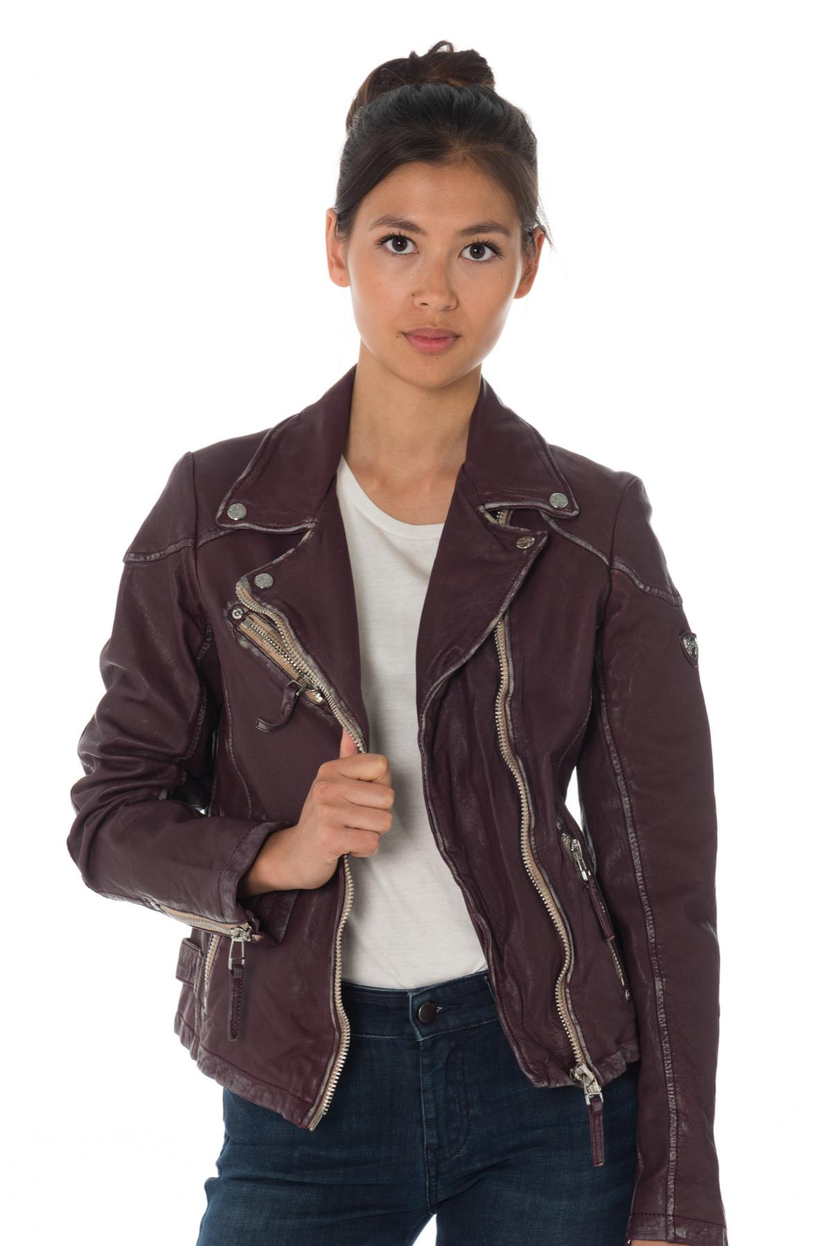 Women's perfecto jacket in aged-effect purple lambskin - Image n°1