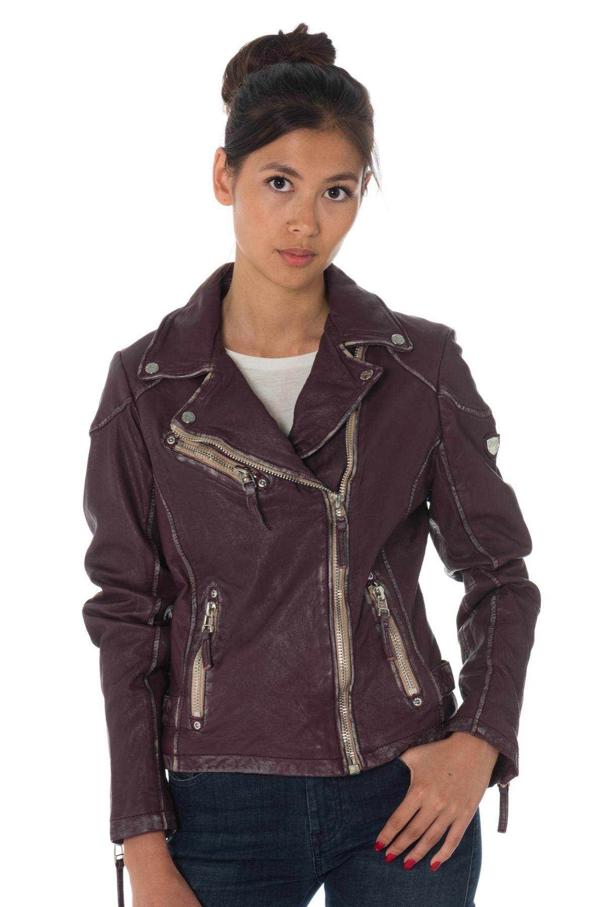 Women's perfecto jacket in aged-effect purple lambskin - Image n°5