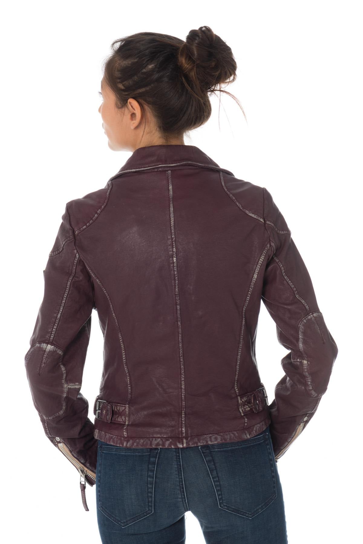 Women's perfecto jacket in aged-effect purple lambskin - Image n°8