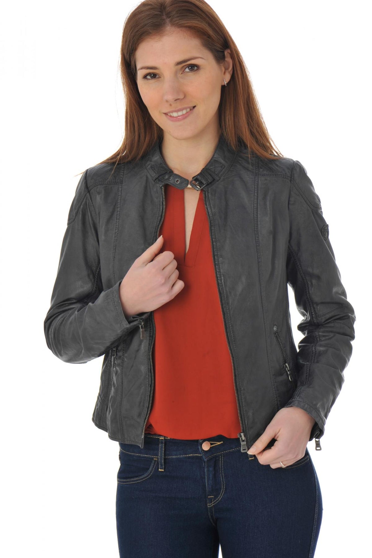 Anthracite round neck leather jacket - Image n°1