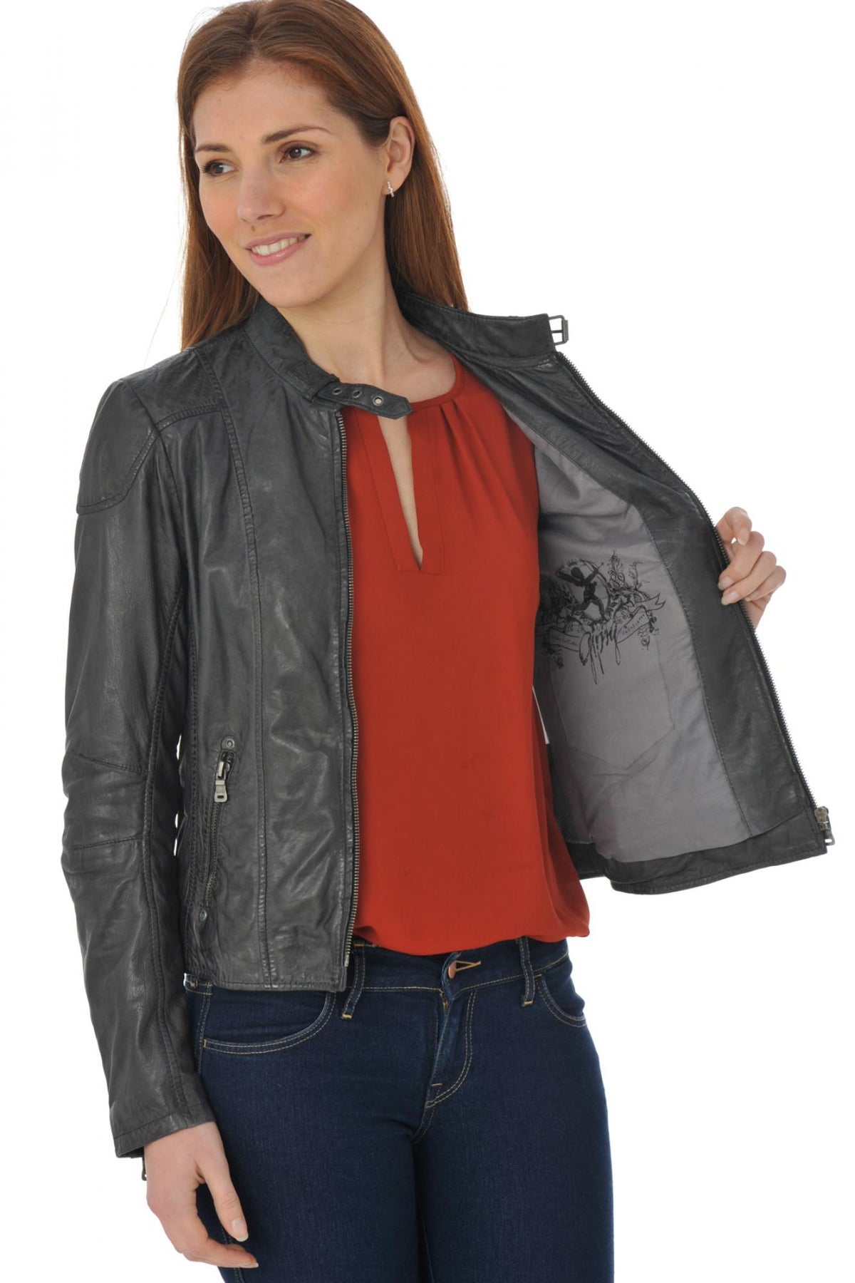 Anthracite round neck leather jacket - Image n°6