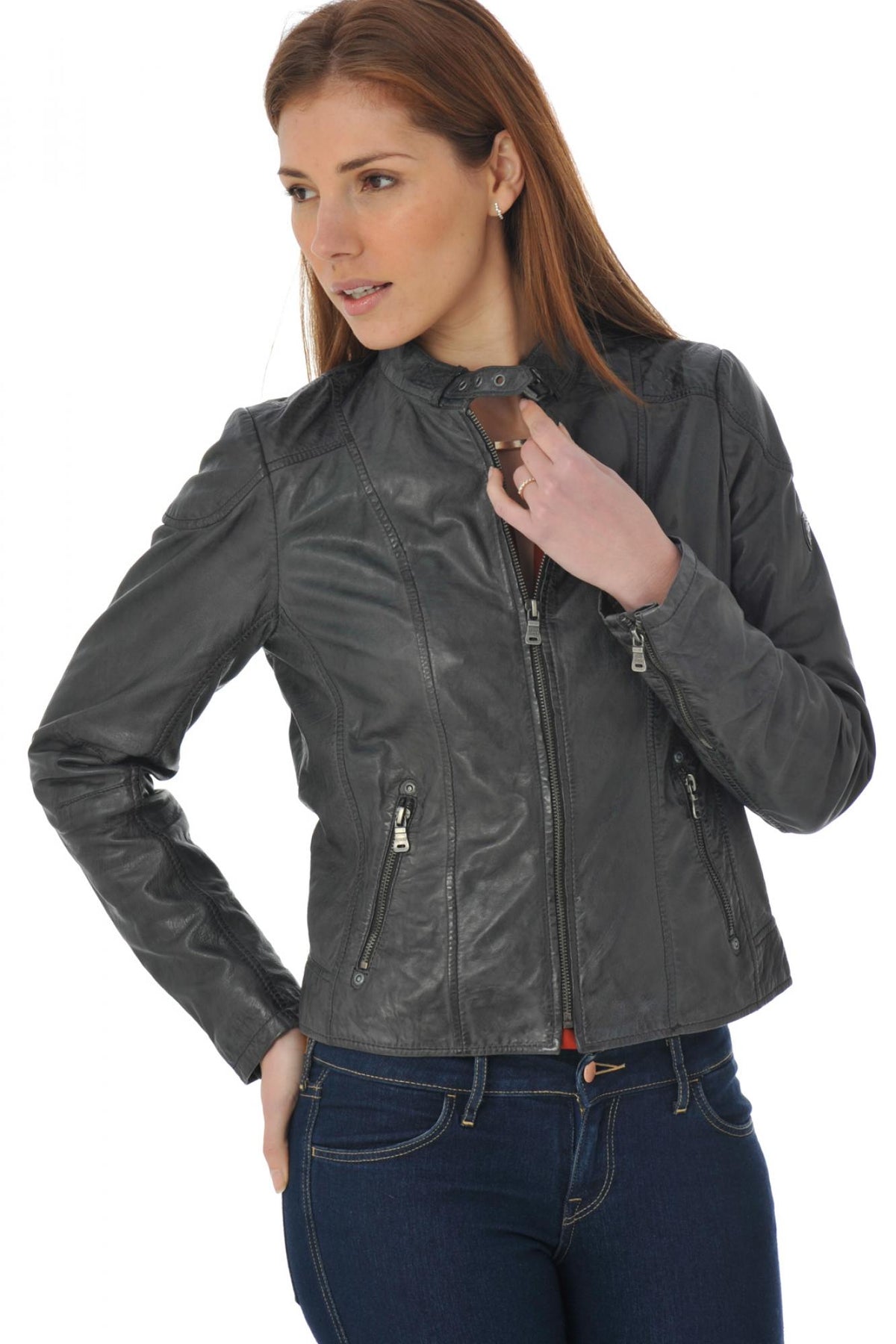 Anthracite round neck leather jacket - Image n°3