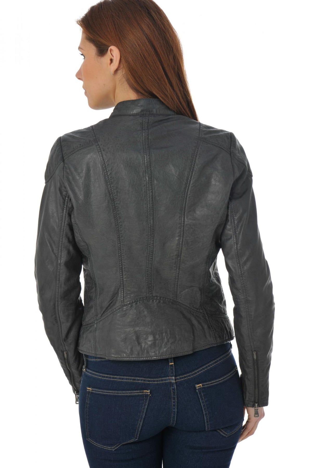 Anthracite round neck leather jacket - Image n°5