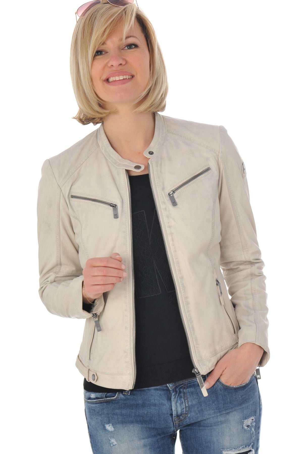 Women's white biker style jacket with aged effect - Image n°1