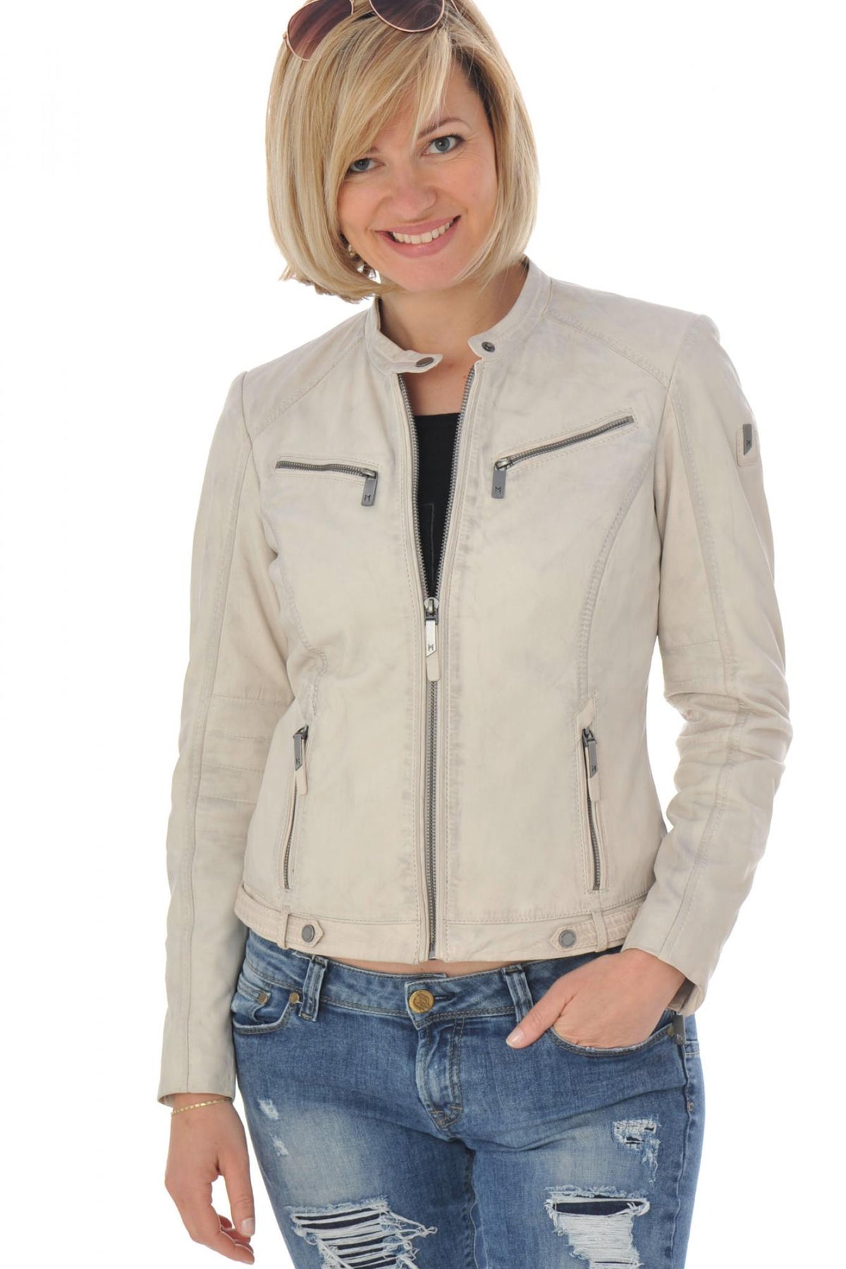 Women's white biker style jacket with aged effect - Image n°4