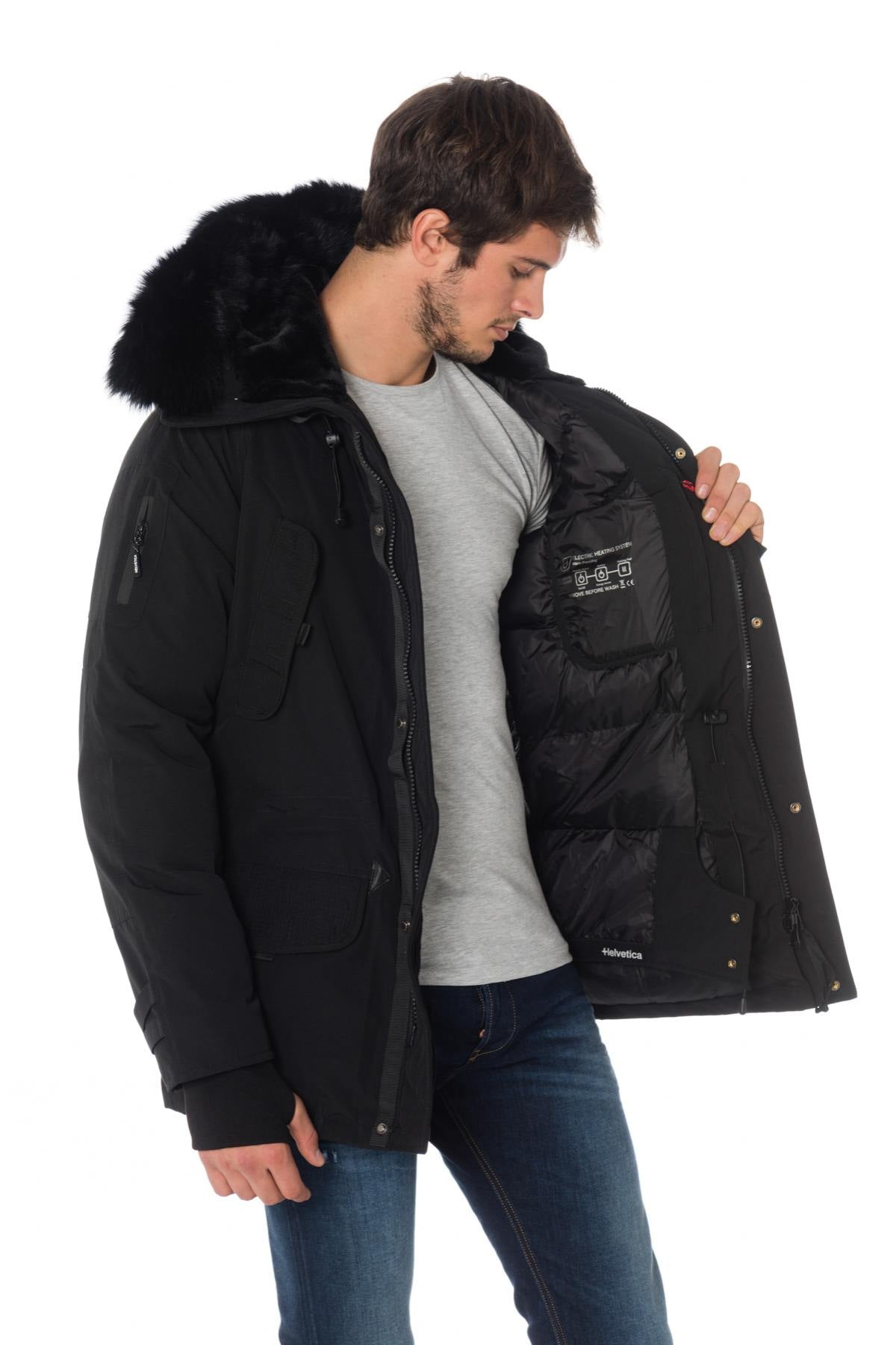 Helvetica men's black heated parka with black collar - Image n°4