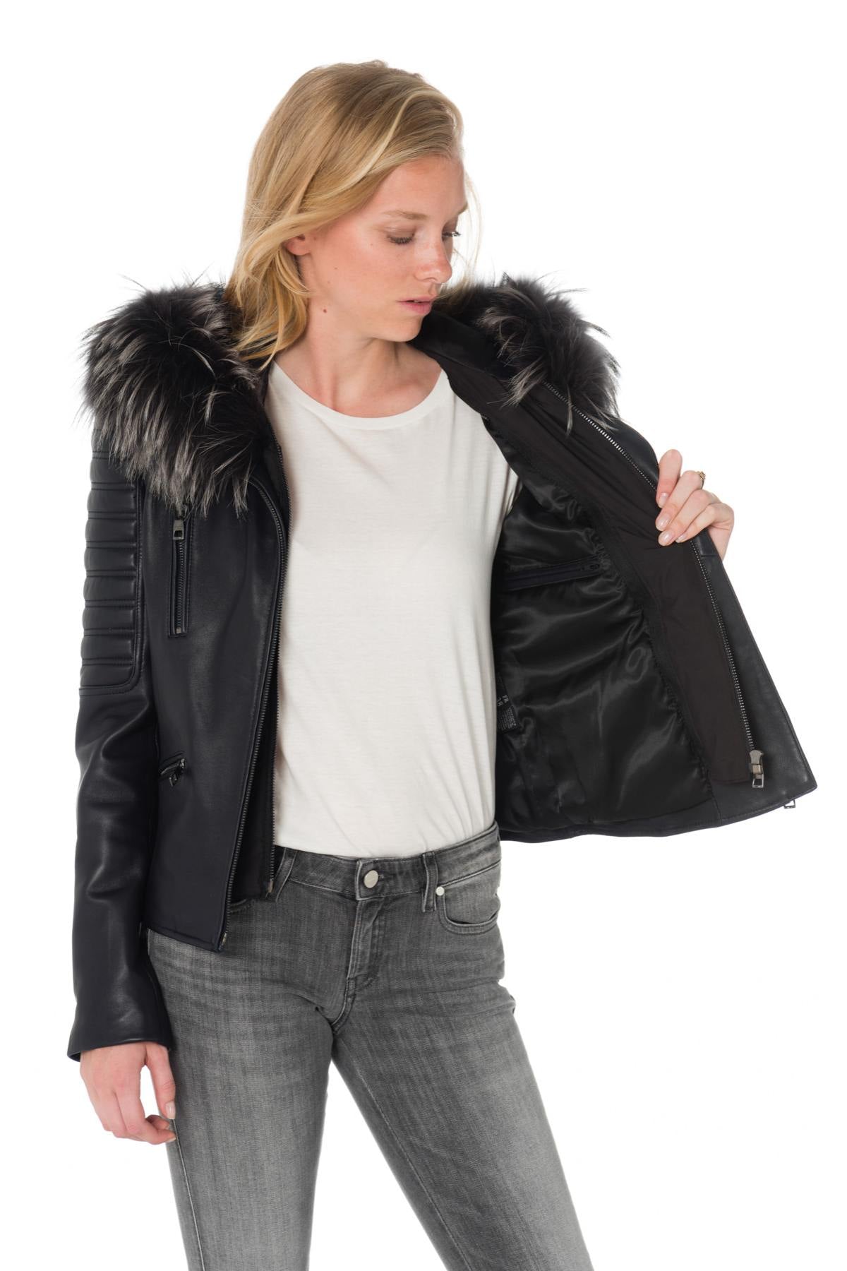 Navy blue lambskin leather jacket - Image n°5