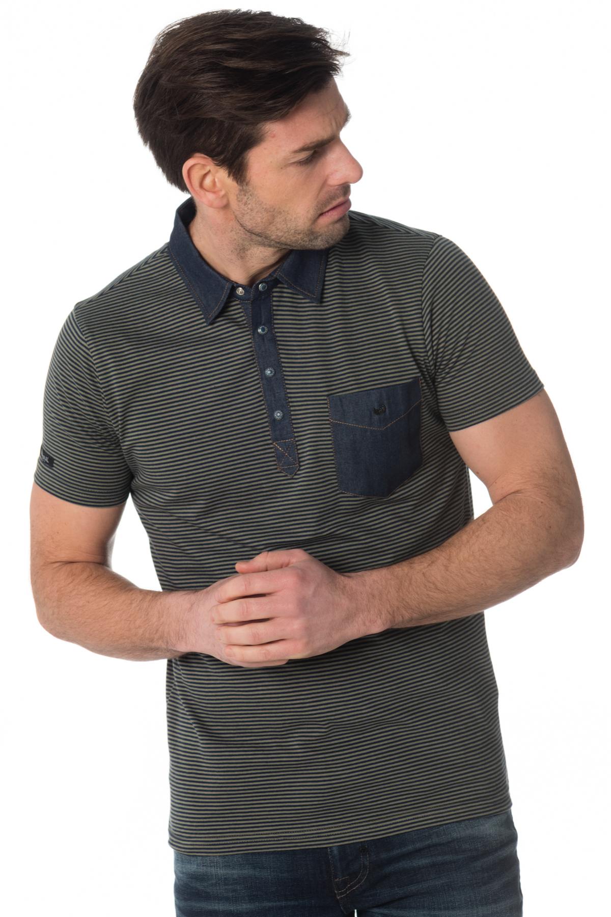 Kaporal khaki and black striped polo shirt - Image n°1