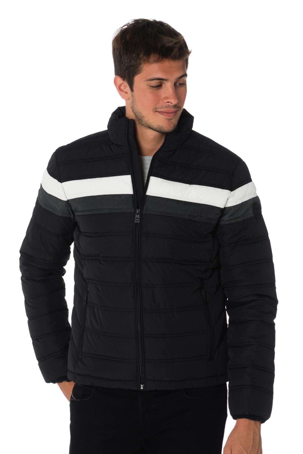 Kaporal men's black down jacket with gray and white stripes - Image n°1