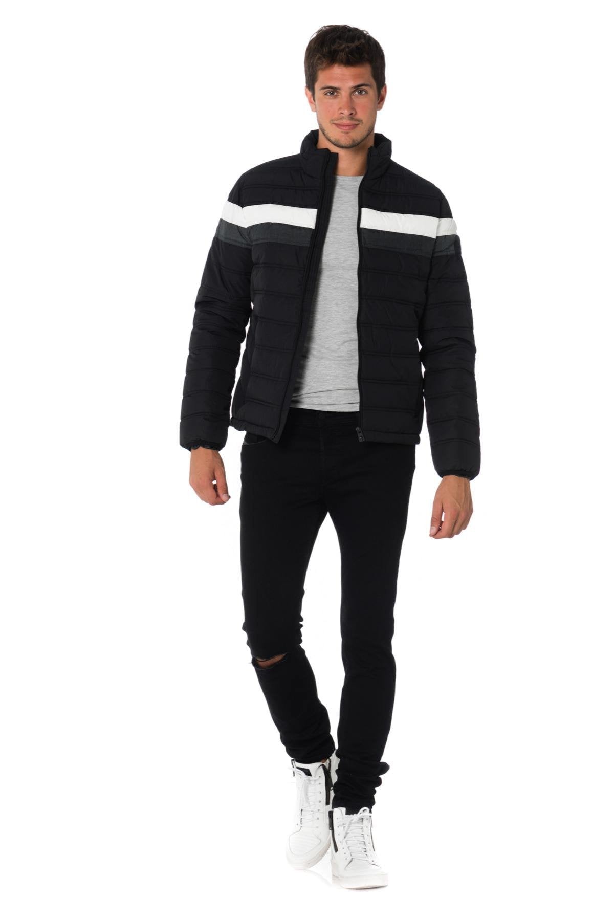 Kaporal men's black down jacket with gray and white stripes - Image n°2