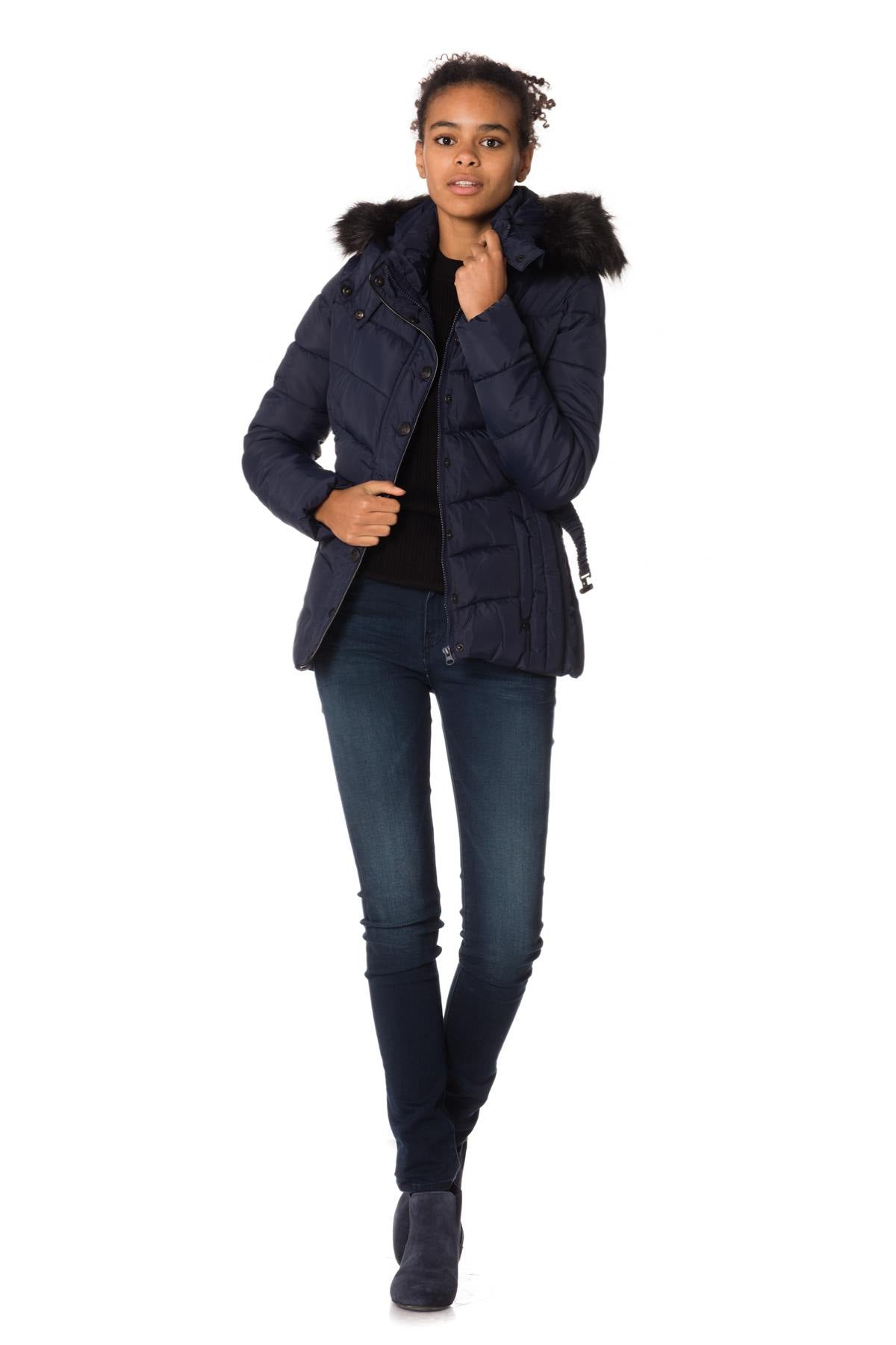 Women's navy blue down jacket with belt - Image n°2