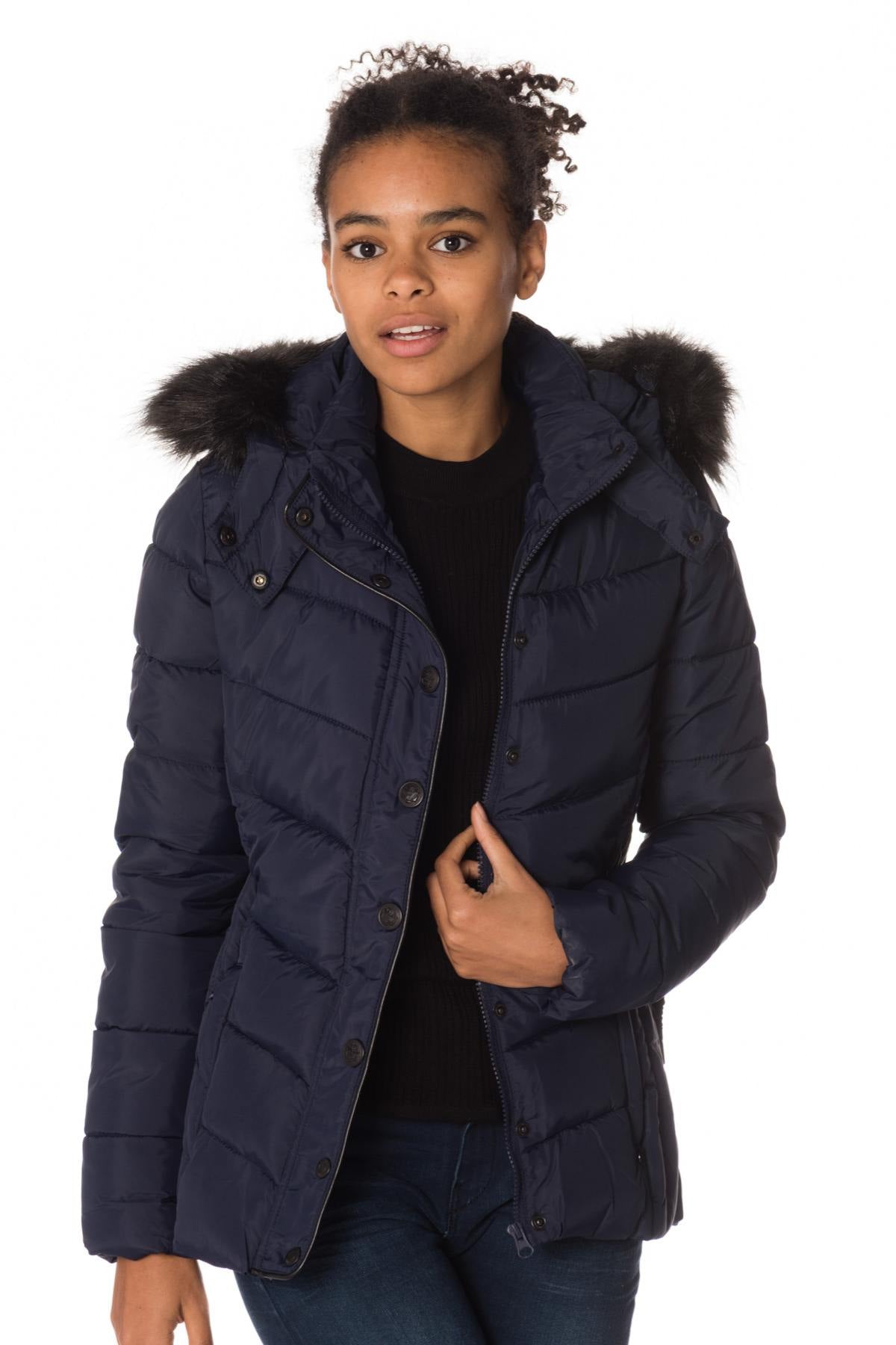 Women's navy blue down jacket with belt - Image n°3