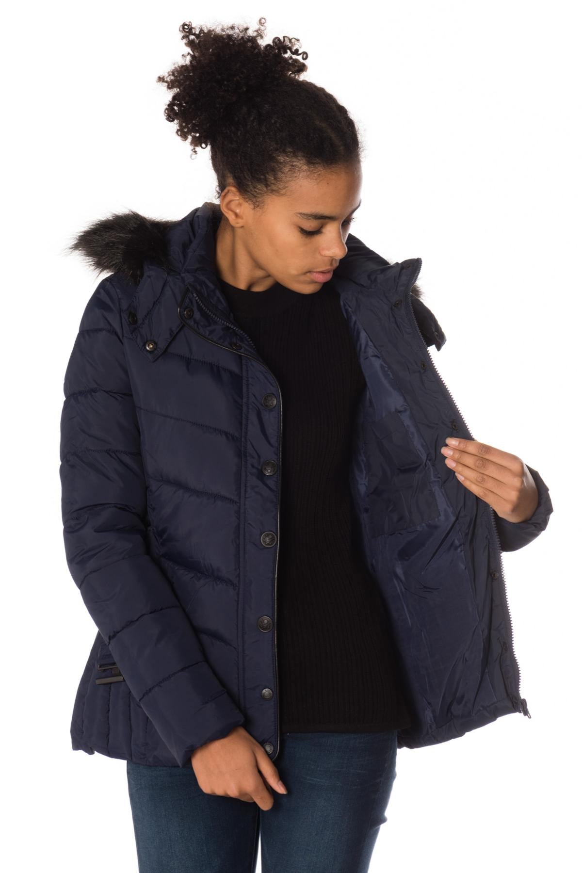 Women's navy blue down jacket with belt - Image n°5