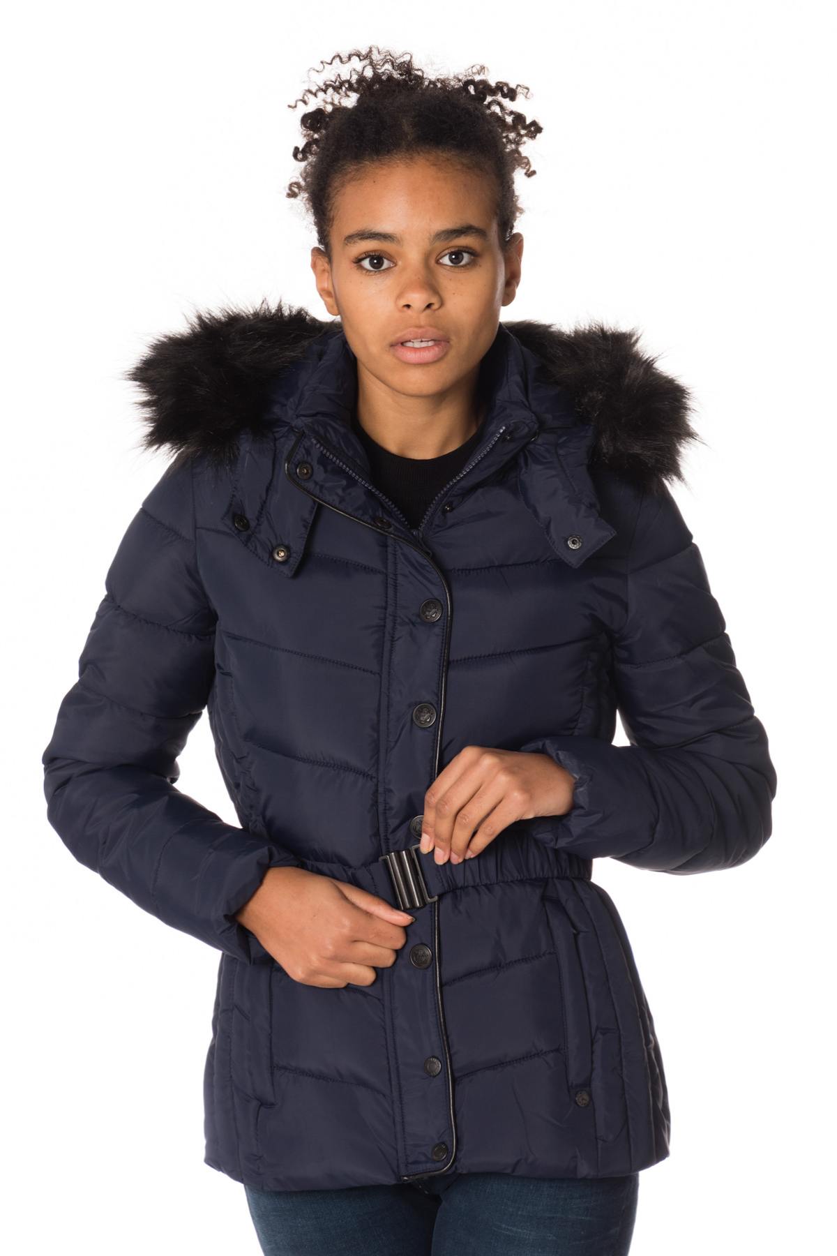 Women's navy blue down jacket with belt - Image n°4