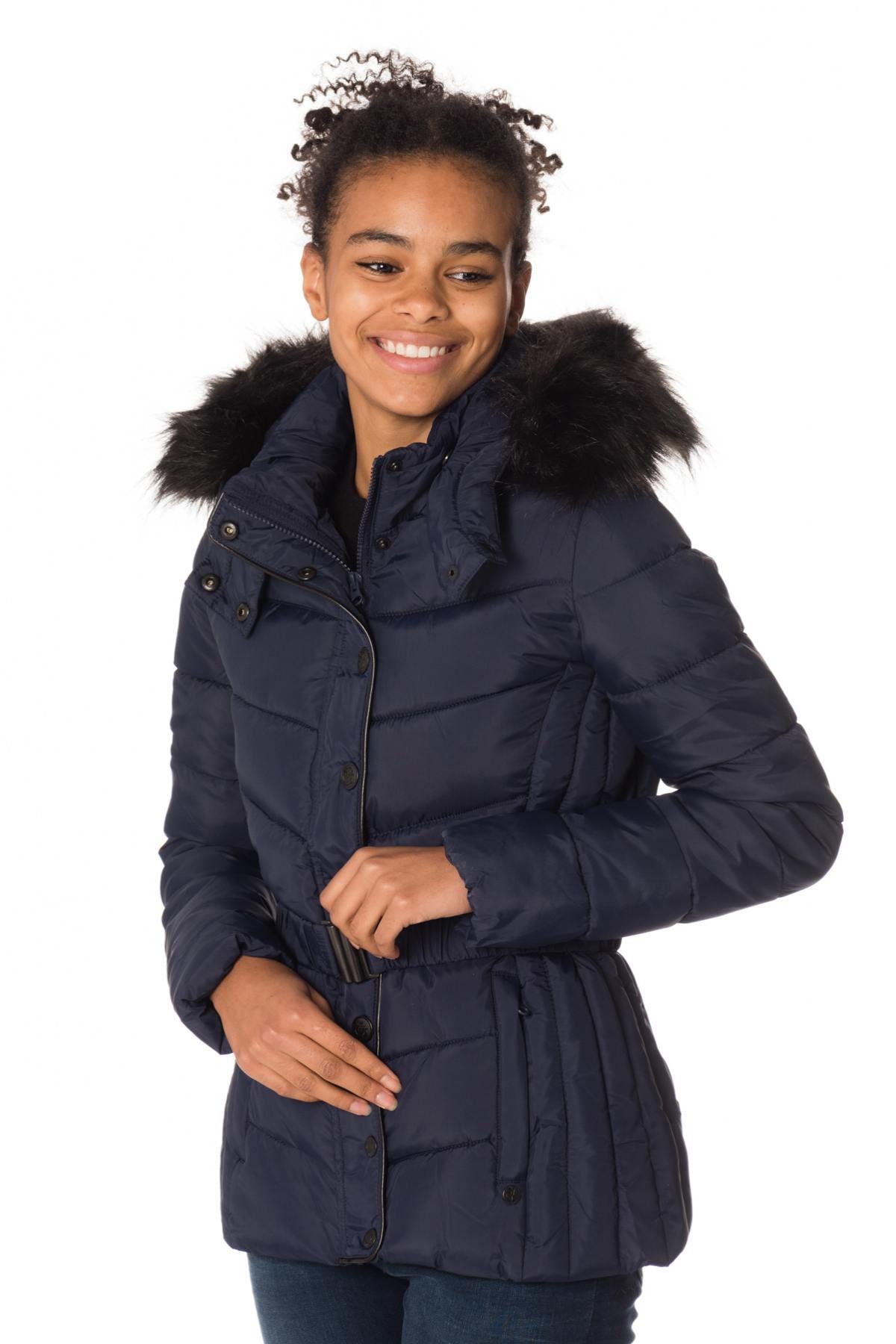 Women's navy blue down jacket with belt - Image n°1