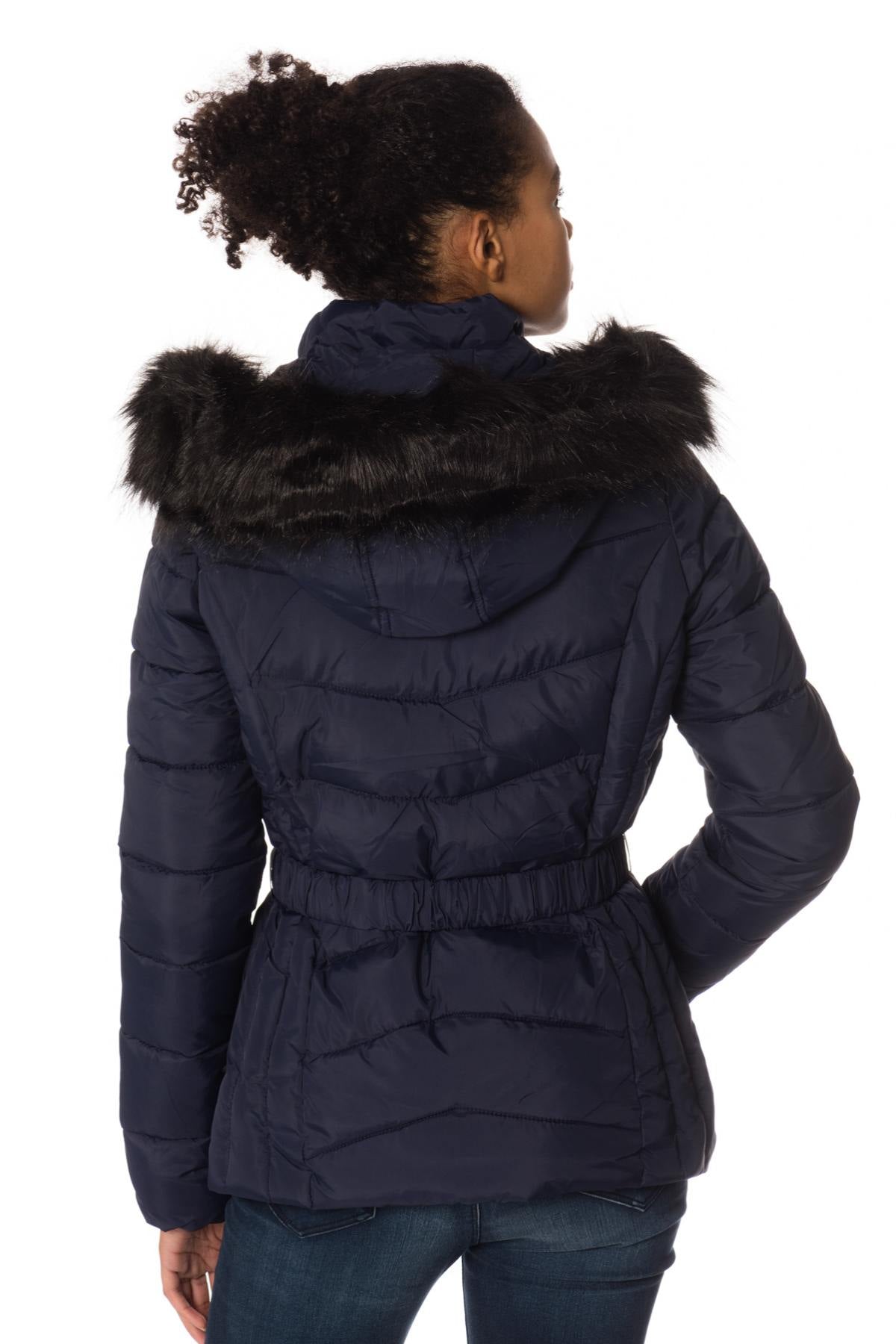 Women's navy blue down jacket with belt - Image n°6