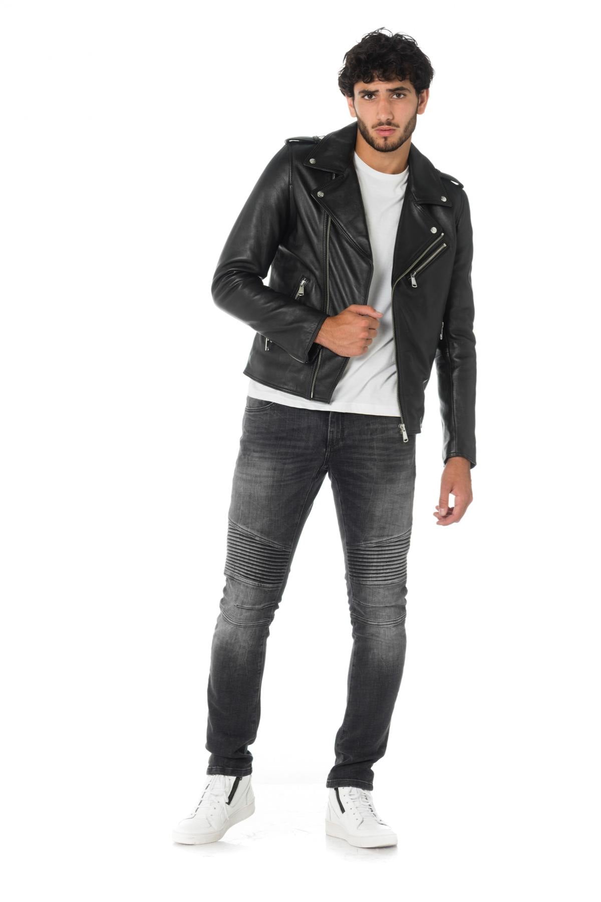 Black leather perfecto with denim patches - Image n°3