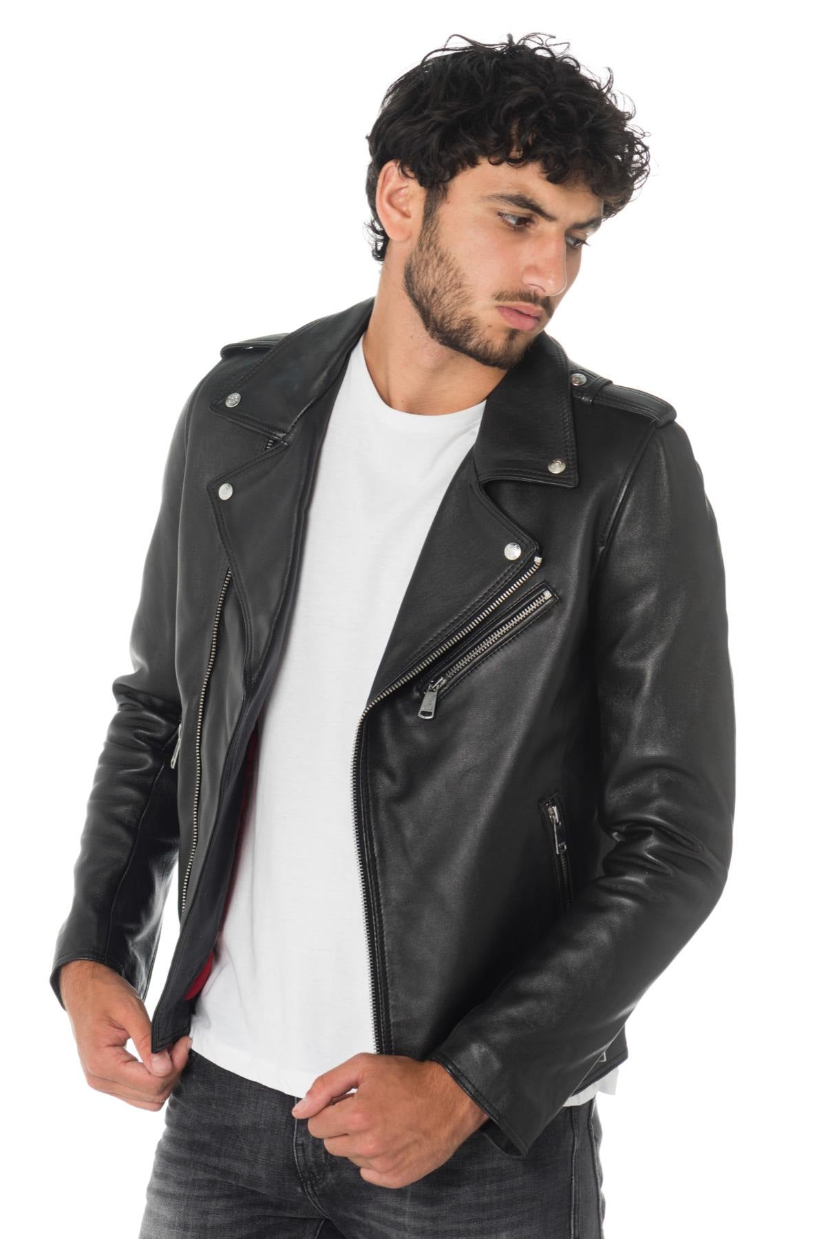 Black leather perfecto with denim patches - Image n°2