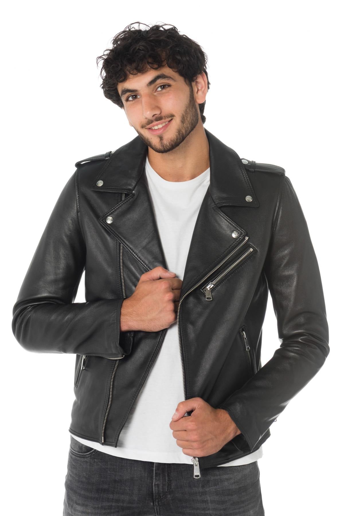 Black leather perfecto with denim patches - Image n°5