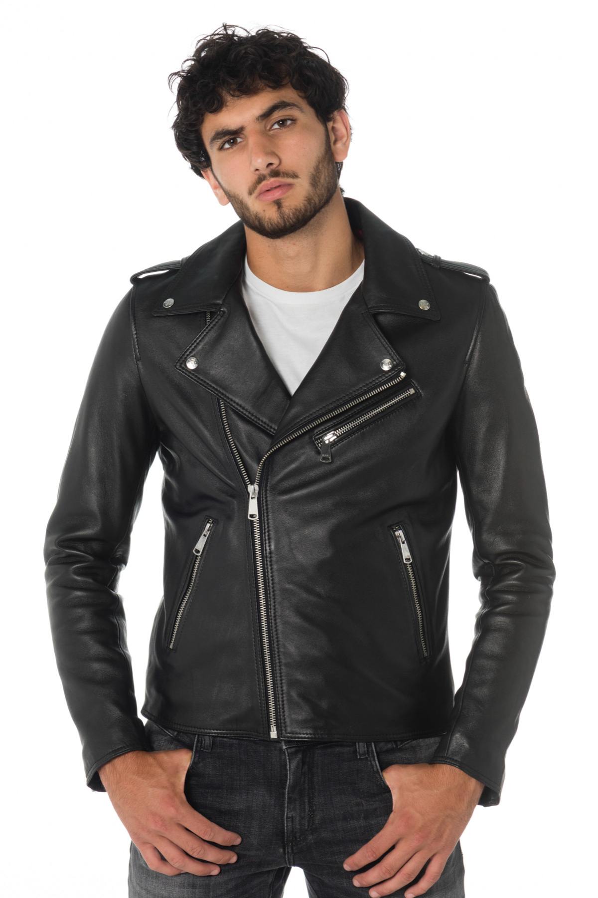 Black leather perfecto with denim patches - Image n°4