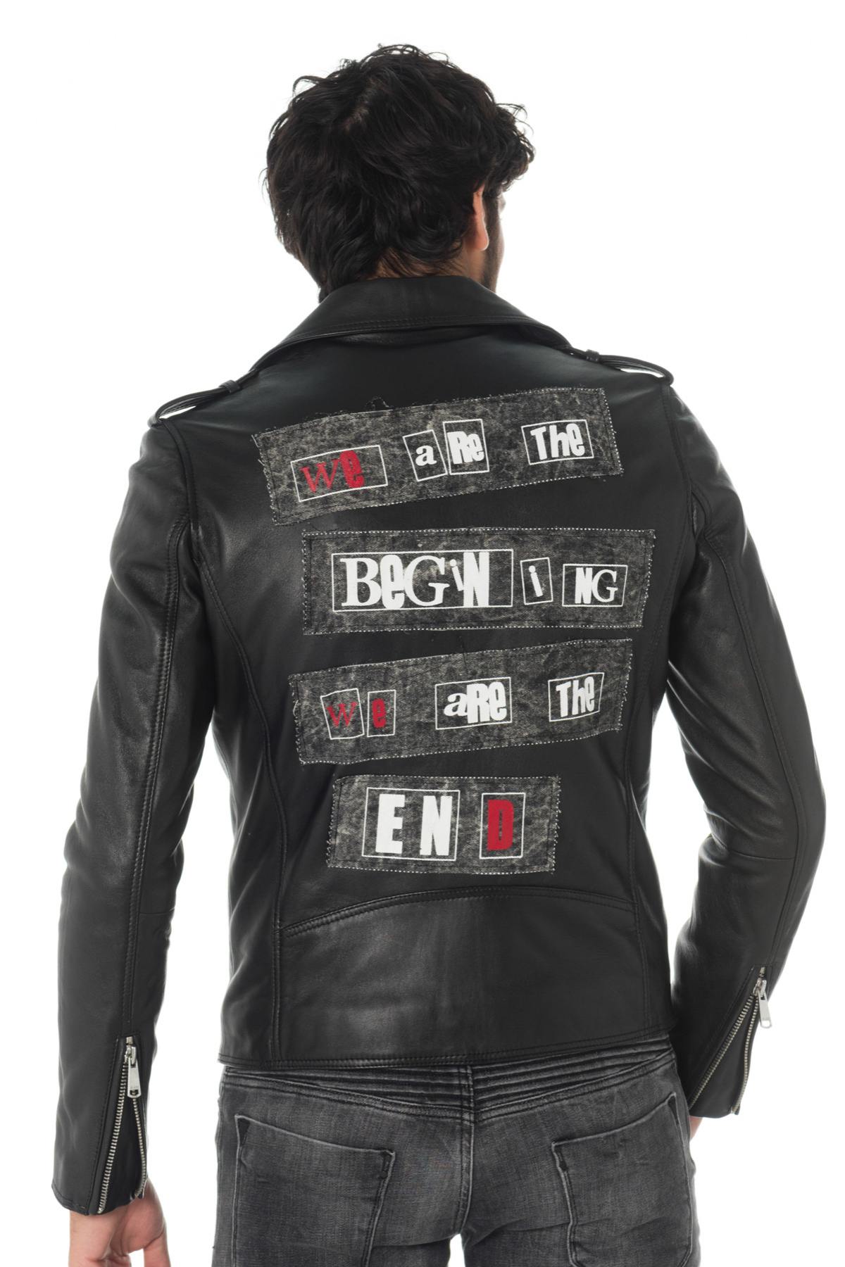 Black leather perfecto with denim patches - Image n°1