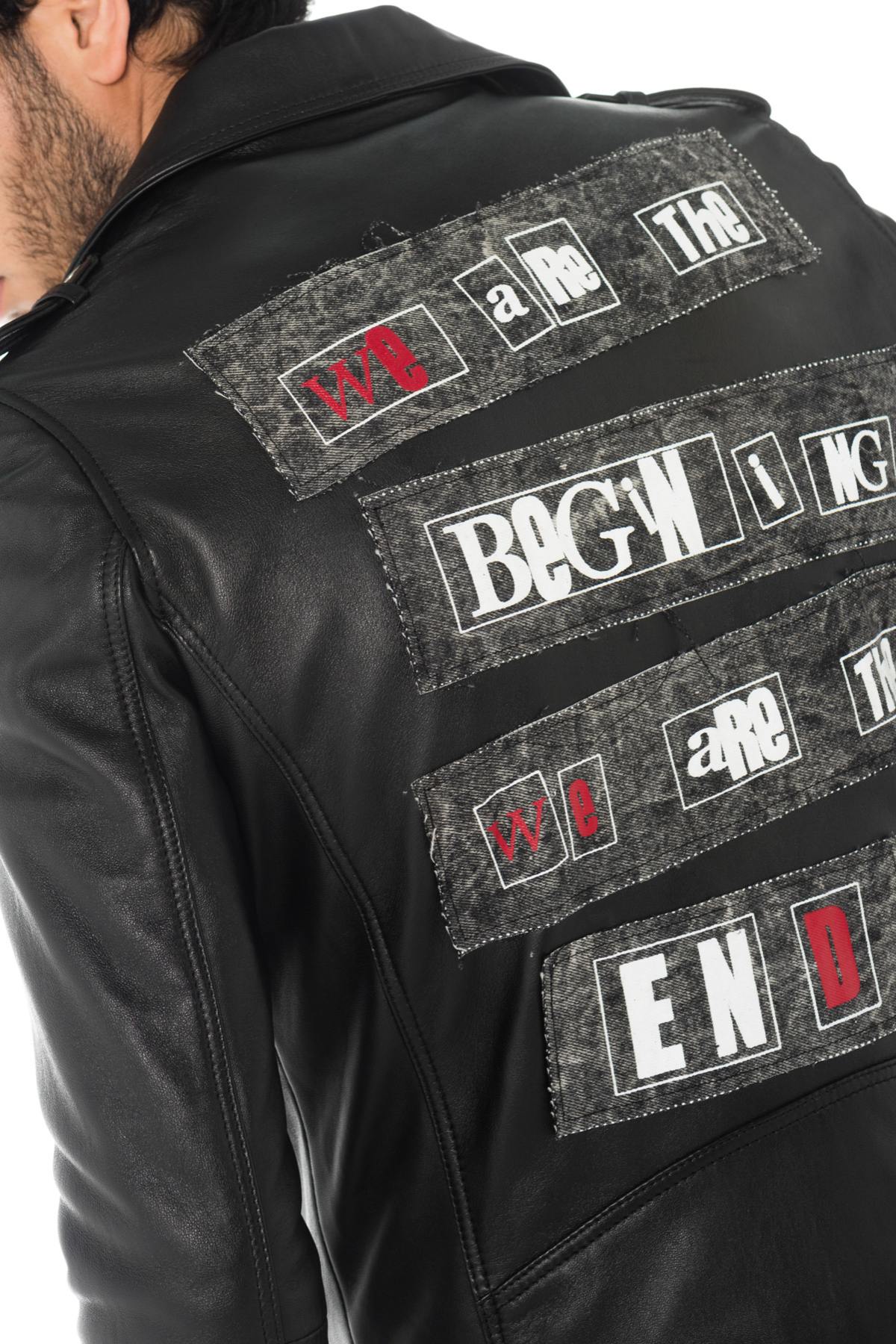 Black leather perfecto with denim patches - Image n°8