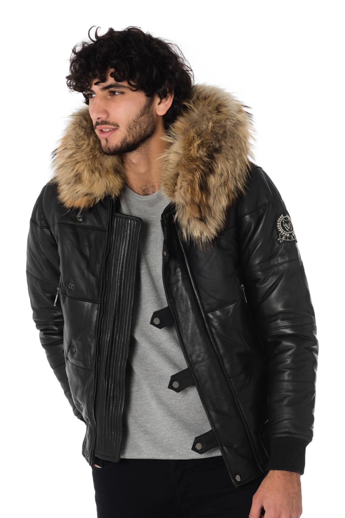 Men's down jacket in sheepskin with raccoon fur - Image n°3