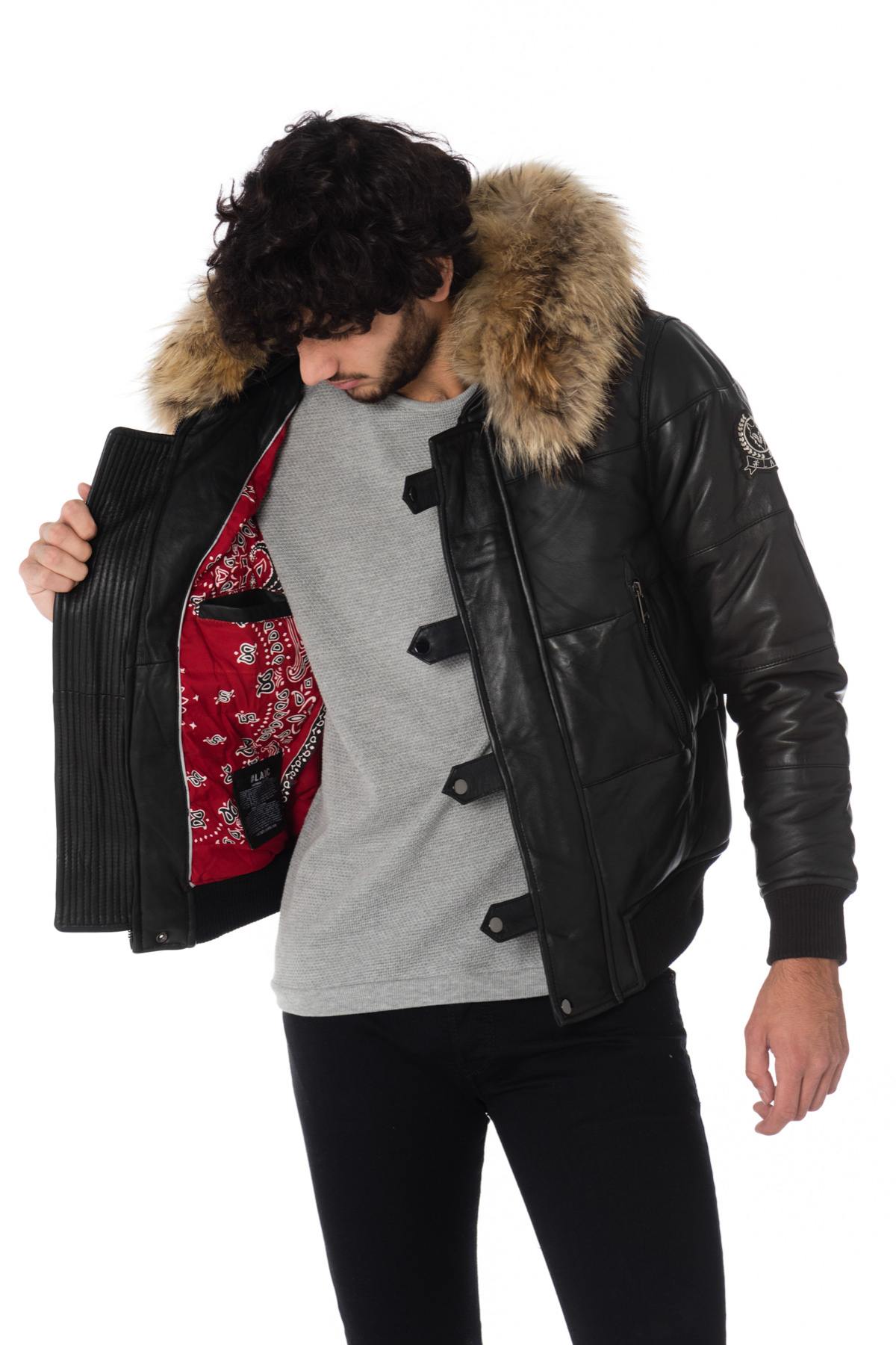 Men's down jacket in sheepskin with raccoon fur - Image n°5